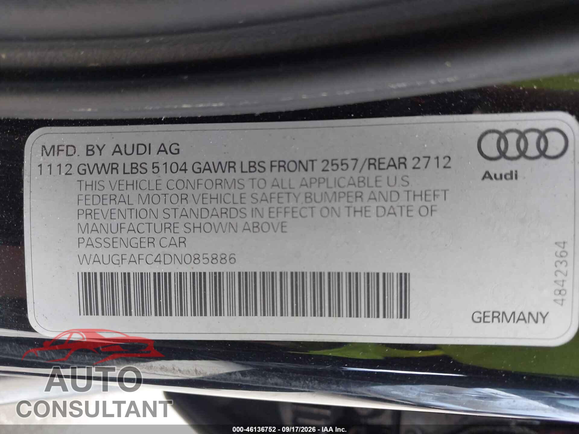 AUDI A6 2013 - WAUGFAFC4DN085886