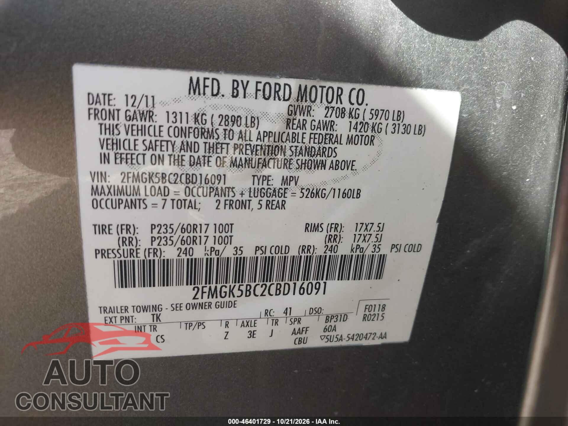 FORD FLEX 2012 - 2FMGK5BC2CBD16091