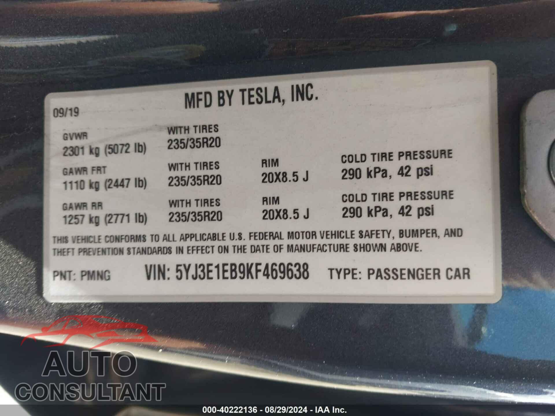 TESLA MODEL 3 2019 - 5YJ3E1EB9KF469638