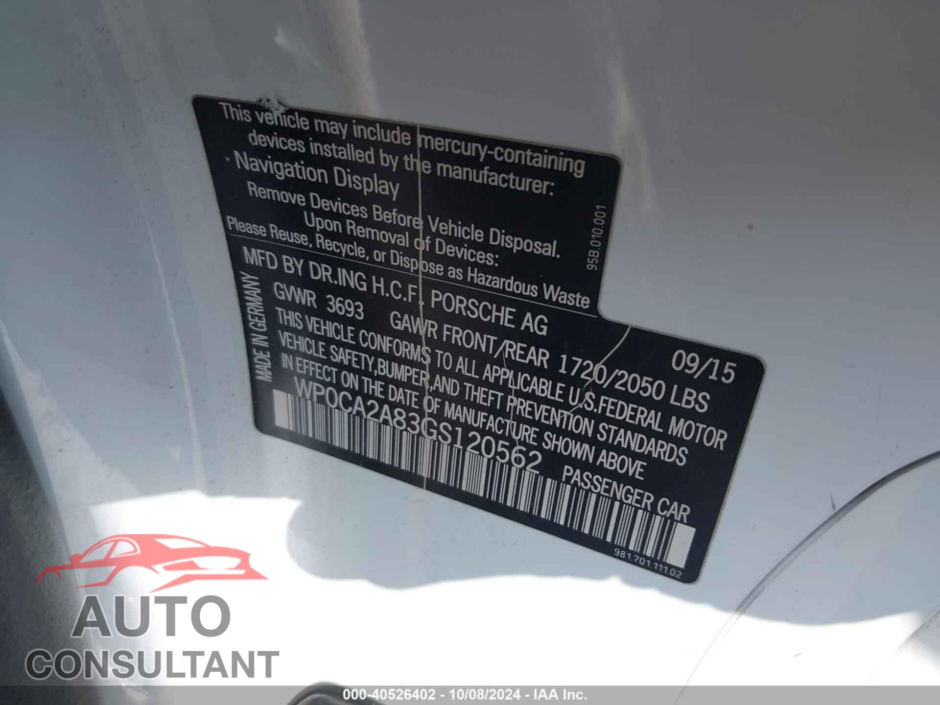 PORSCHE BOXSTER 2016 - WP0CA2A83GS120562