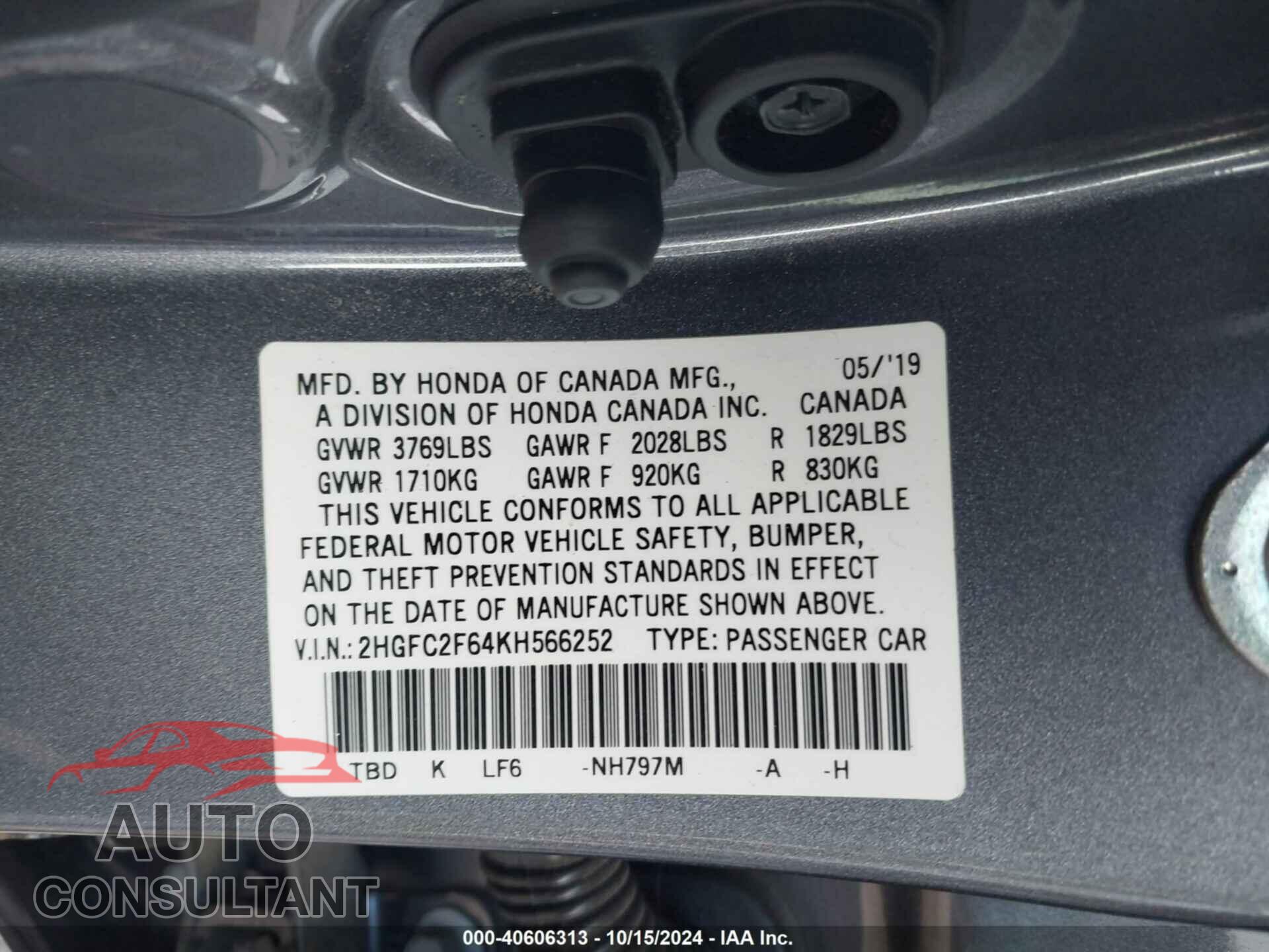 HONDA CIVIC 2019 - 2HGFC2F64KH566252