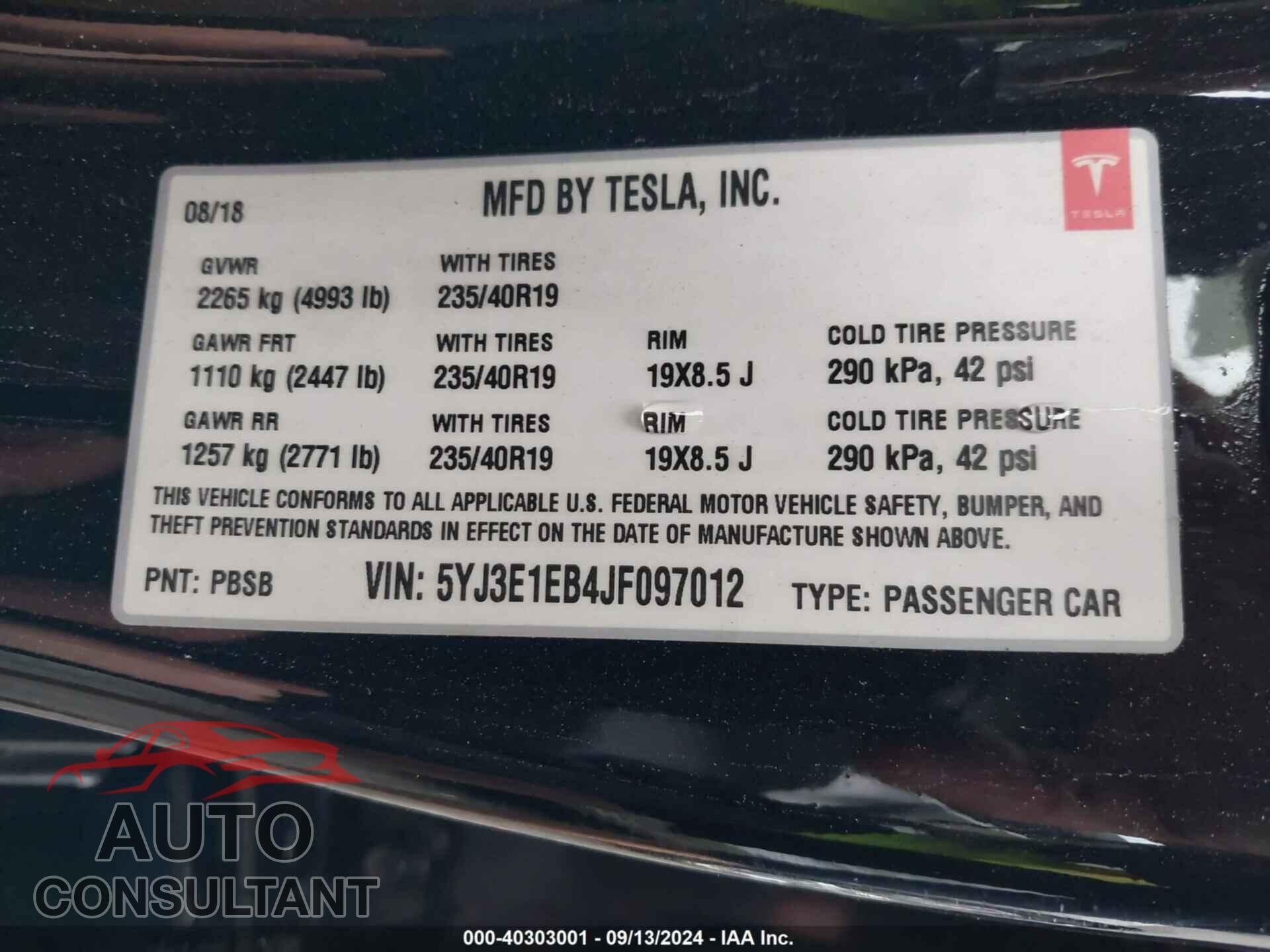 TESLA MODEL 3 2018 - 5YJ3E1EB4JF097012
