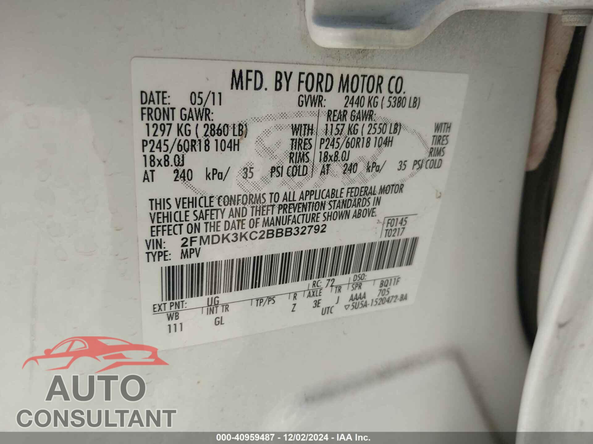 FORD EDGE 2011 - 2FMDK3KC2BBB32792