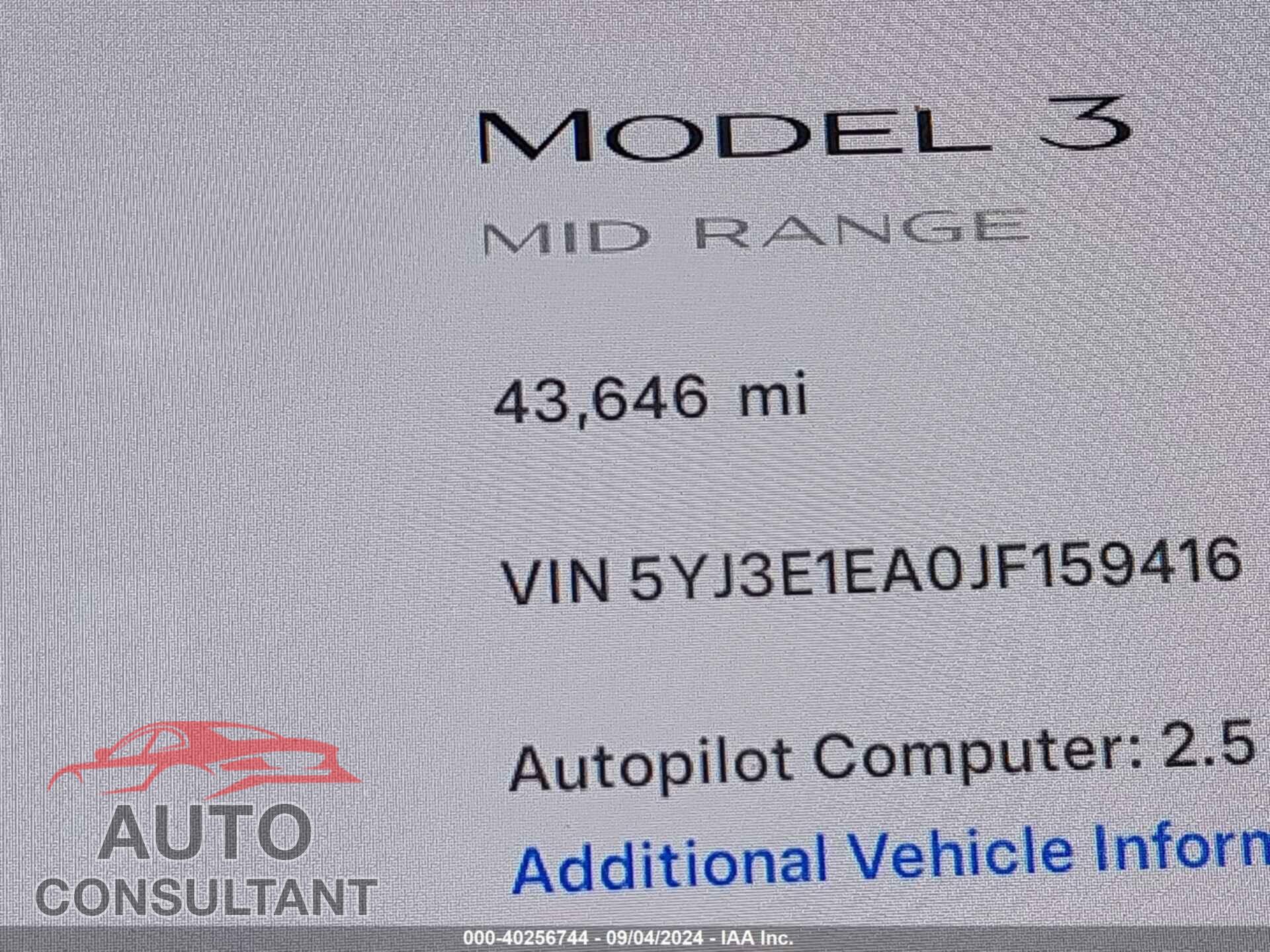 TESLA MODEL 3 2018 - 5YJ3E1EA0JF159416
