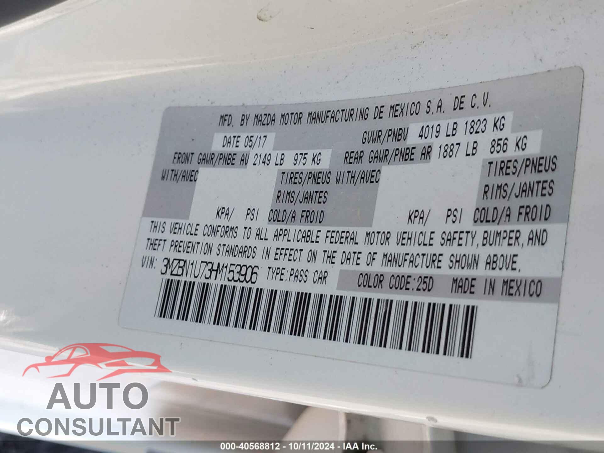 MAZDA 3 2017 - 3MZBN1U73HM153906
