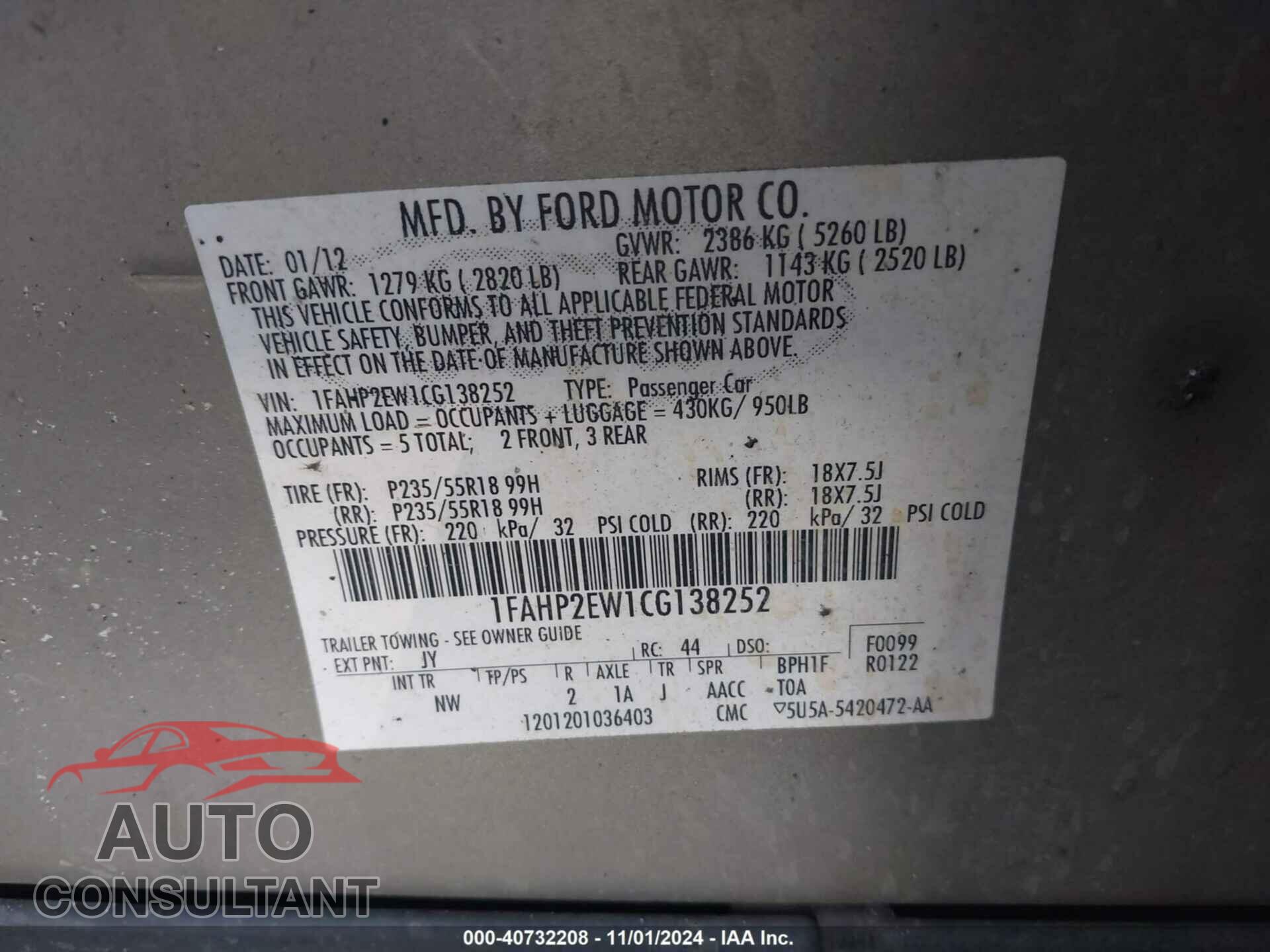FORD TAURUS 2012 - 1FAHP2EW1CG138252