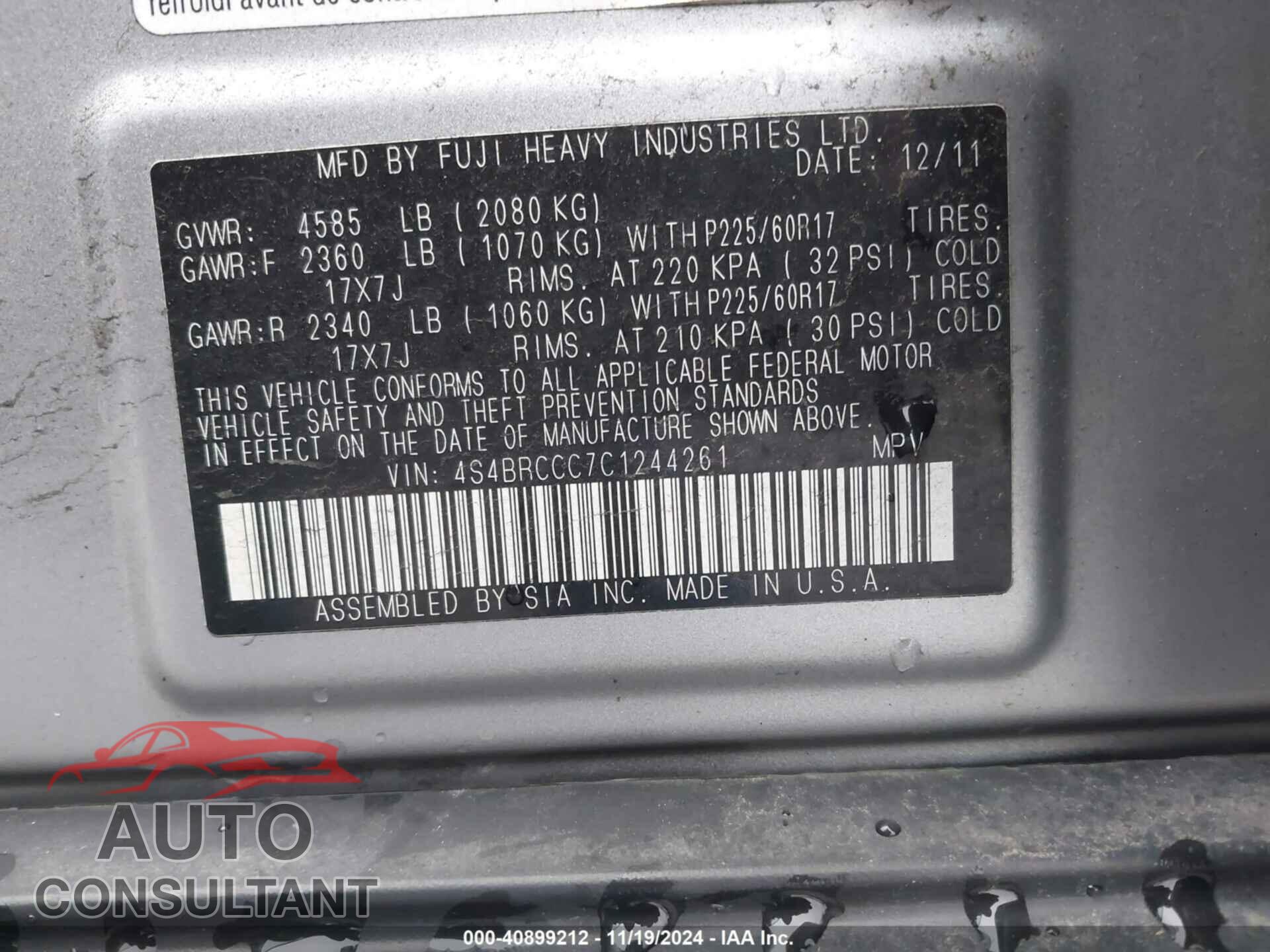 SUBARU OUTBACK 2012 - 4S4BRCCC7C1244261