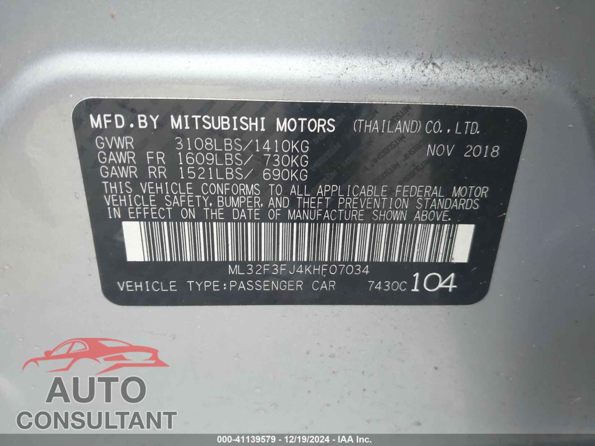 MITSUBISHI MIRAGE 2019 - ML32F3FJ4KHF07034