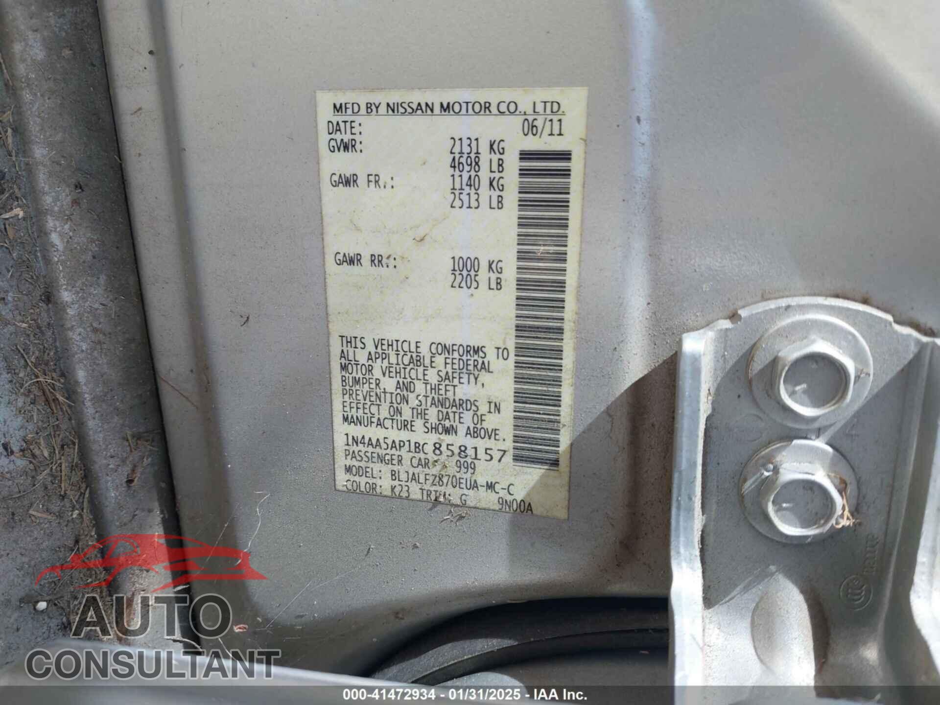 NISSAN MAXIMA 2011 - 1N4AA5AP1BC858157