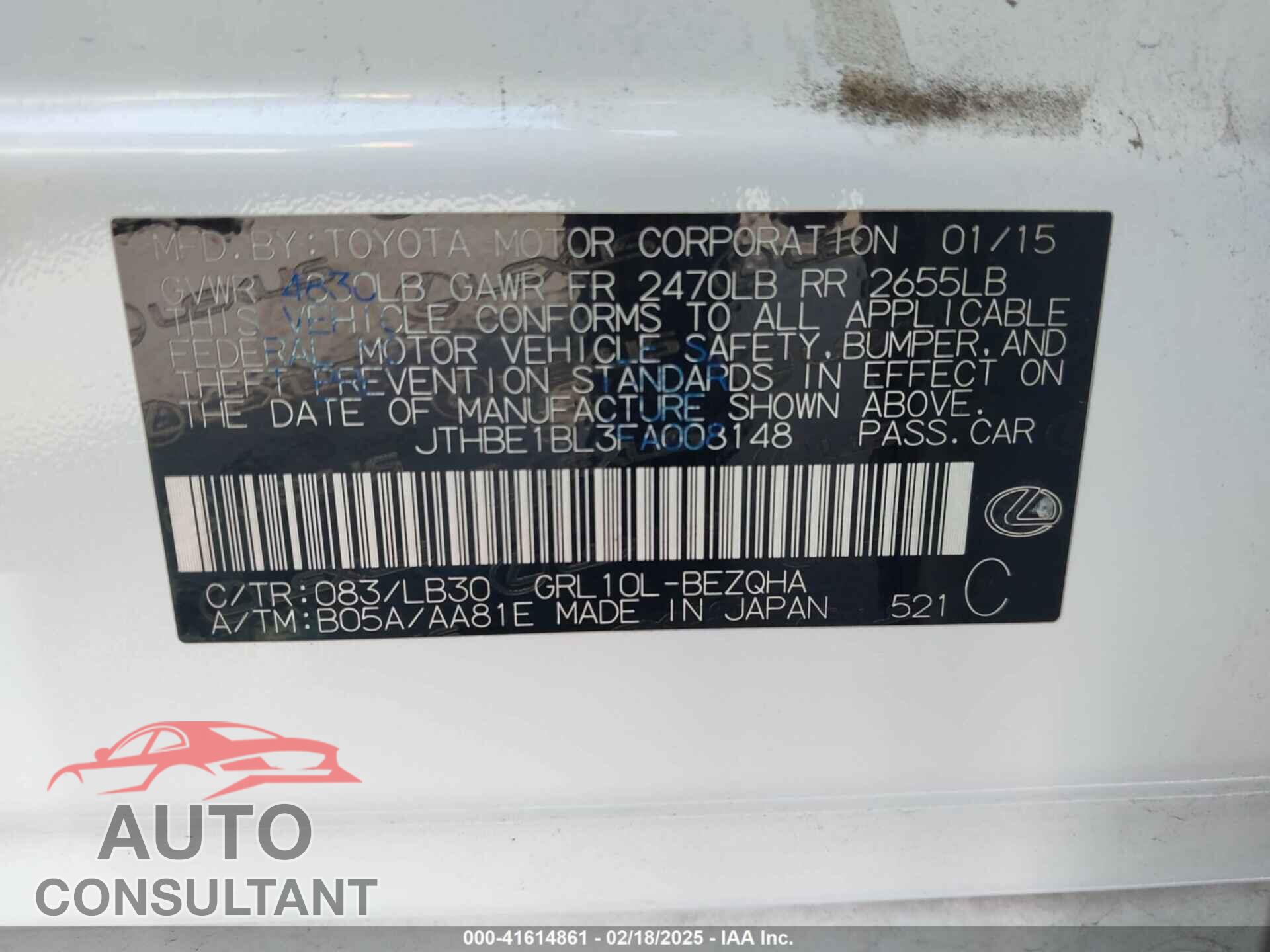 LEXUS GS 2015 - JTHBE1BL3FA008148