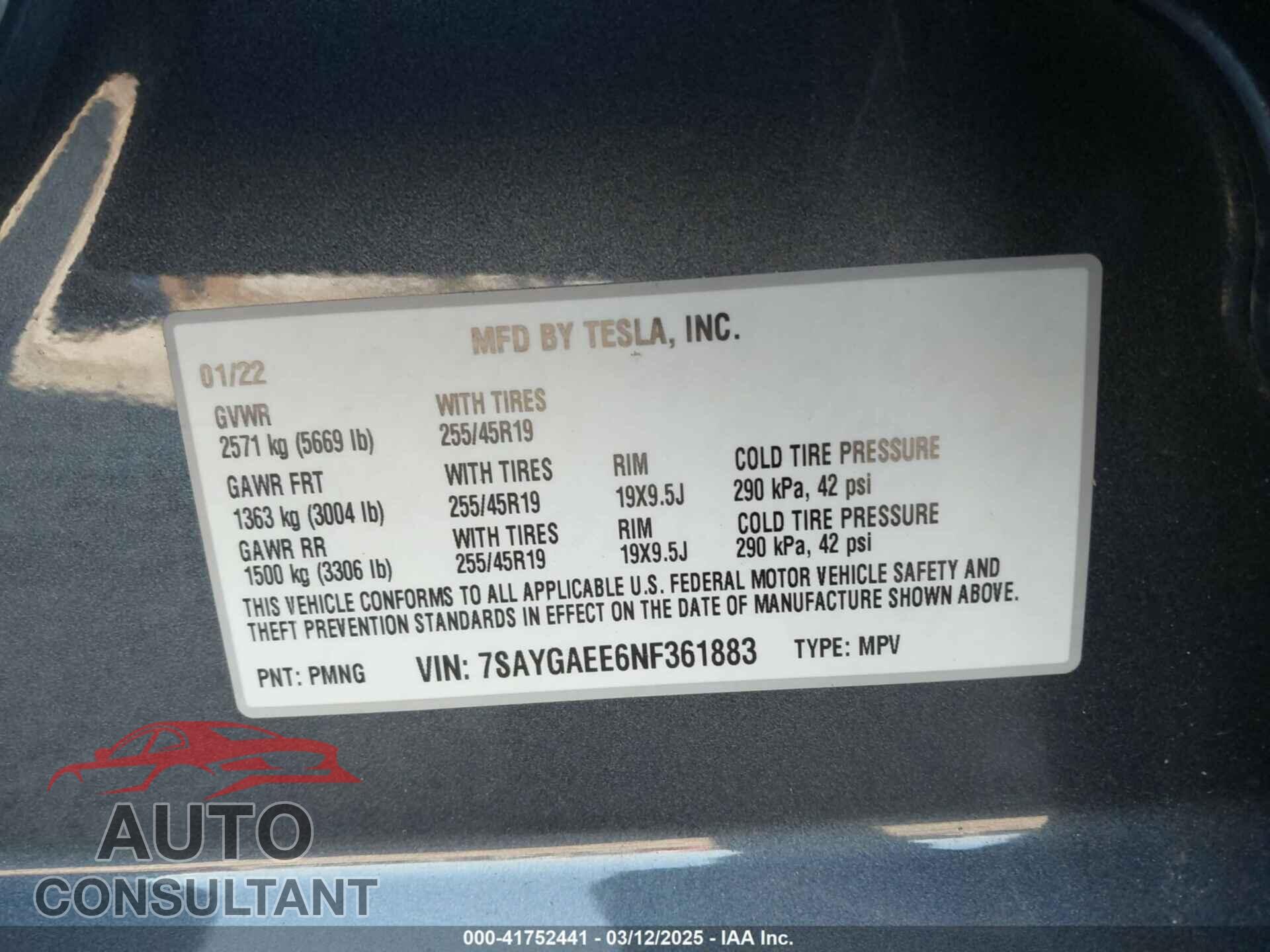 TESLA MODEL Y 2022 - 7SAYGAEE6NF361883