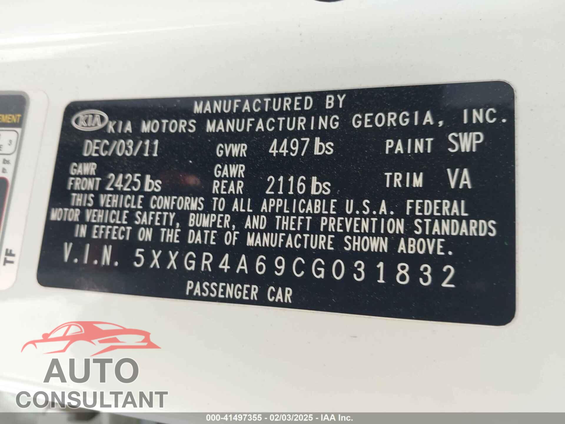 KIA OPTIMA 2012 - 5XXGR4A69CG031832