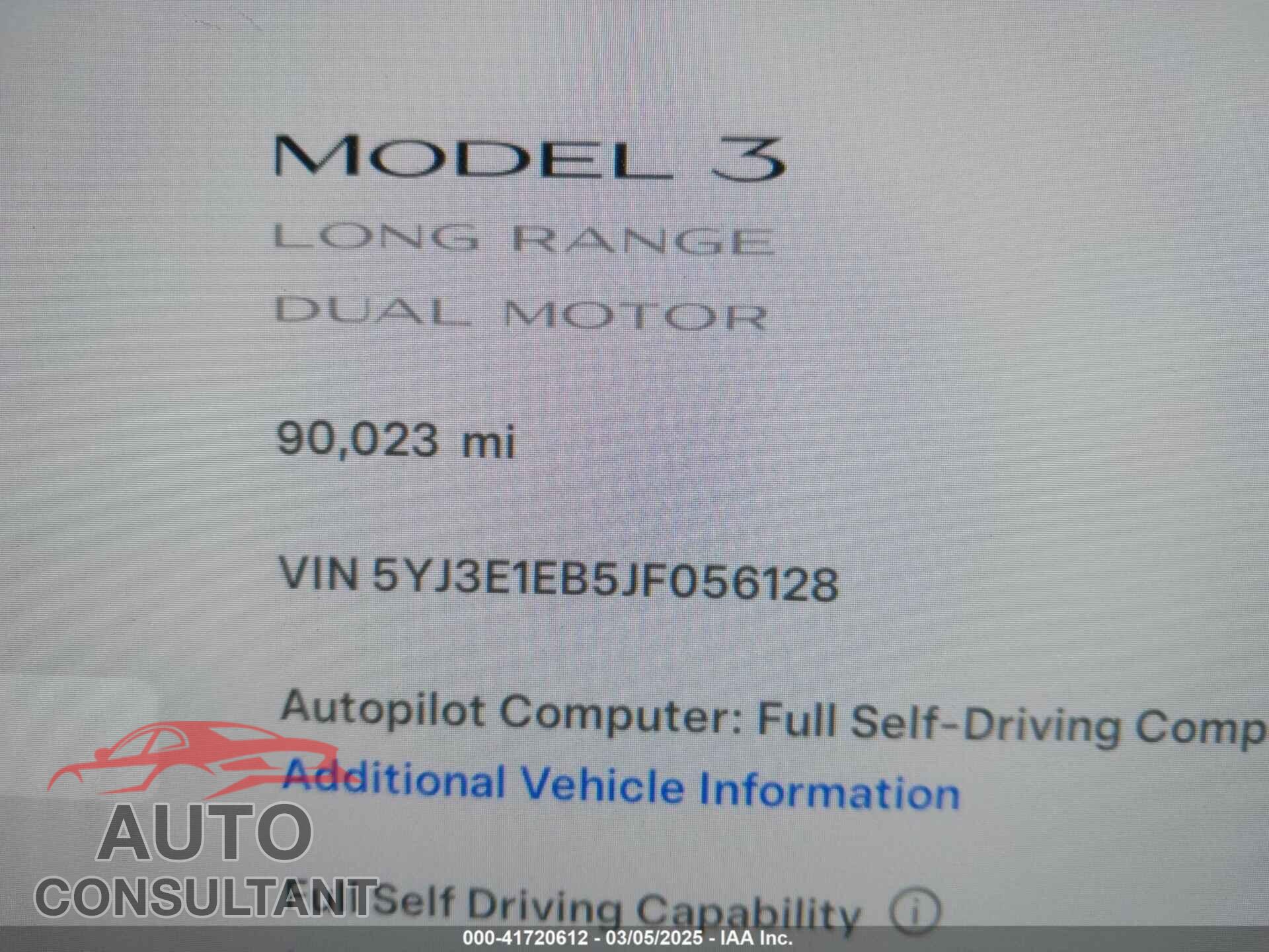 TESLA MODEL 3 2018 - 5YJ3E1EB5JF056128