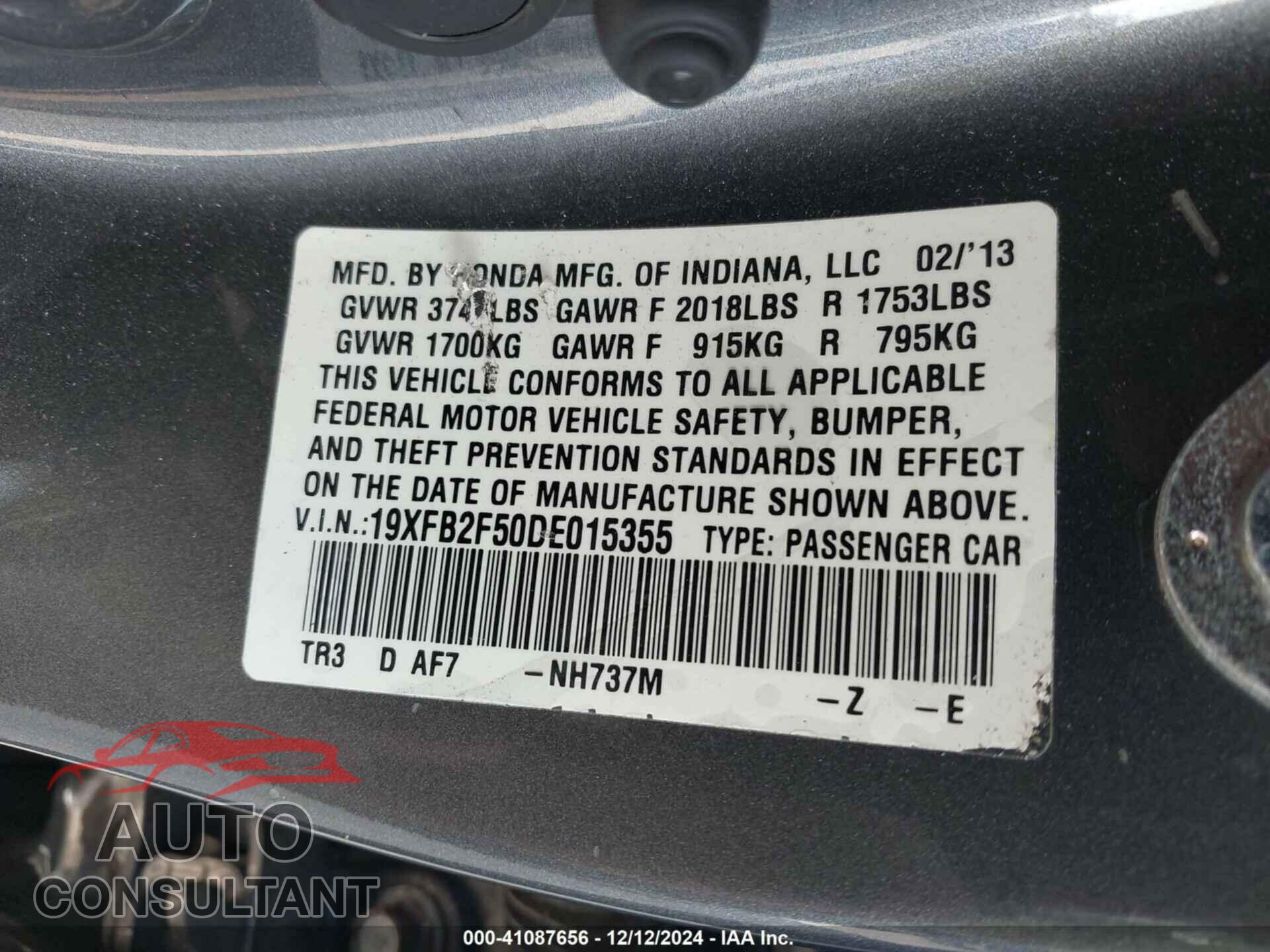 HONDA CIVIC 2013 - 19XFB2F50DE015355