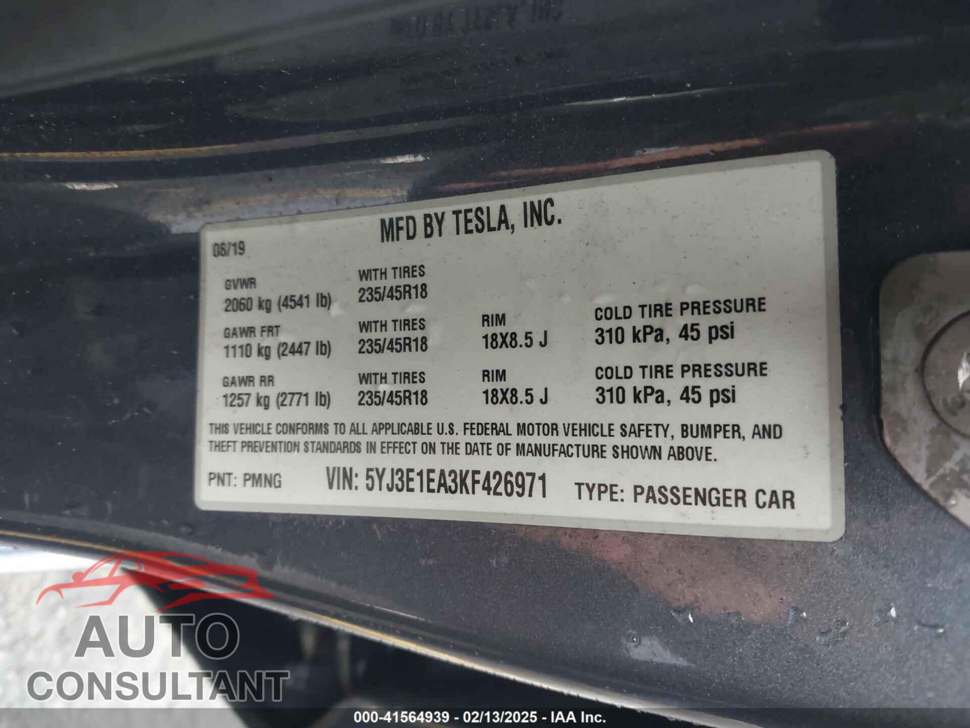 TESLA MODEL 3 2019 - 5YJ3E1EA3KF426971
