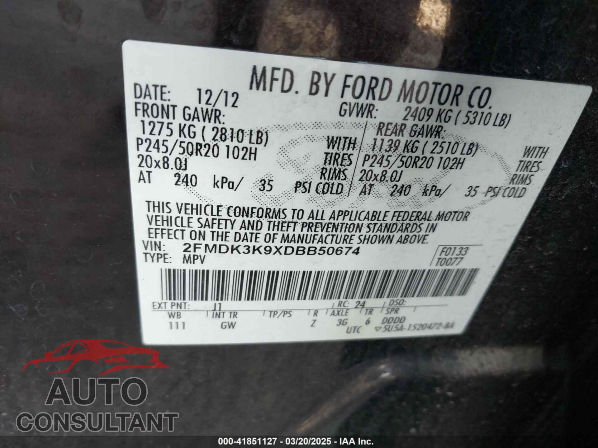 FORD EDGE 2013 - 2FMDK3K9XDBB50674