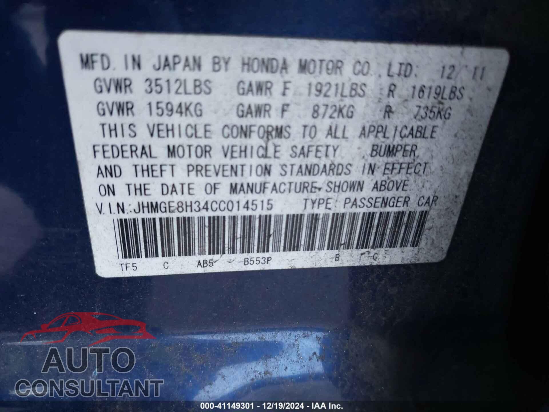 HONDA FIT 2012 - JHMGE8H34CC014515