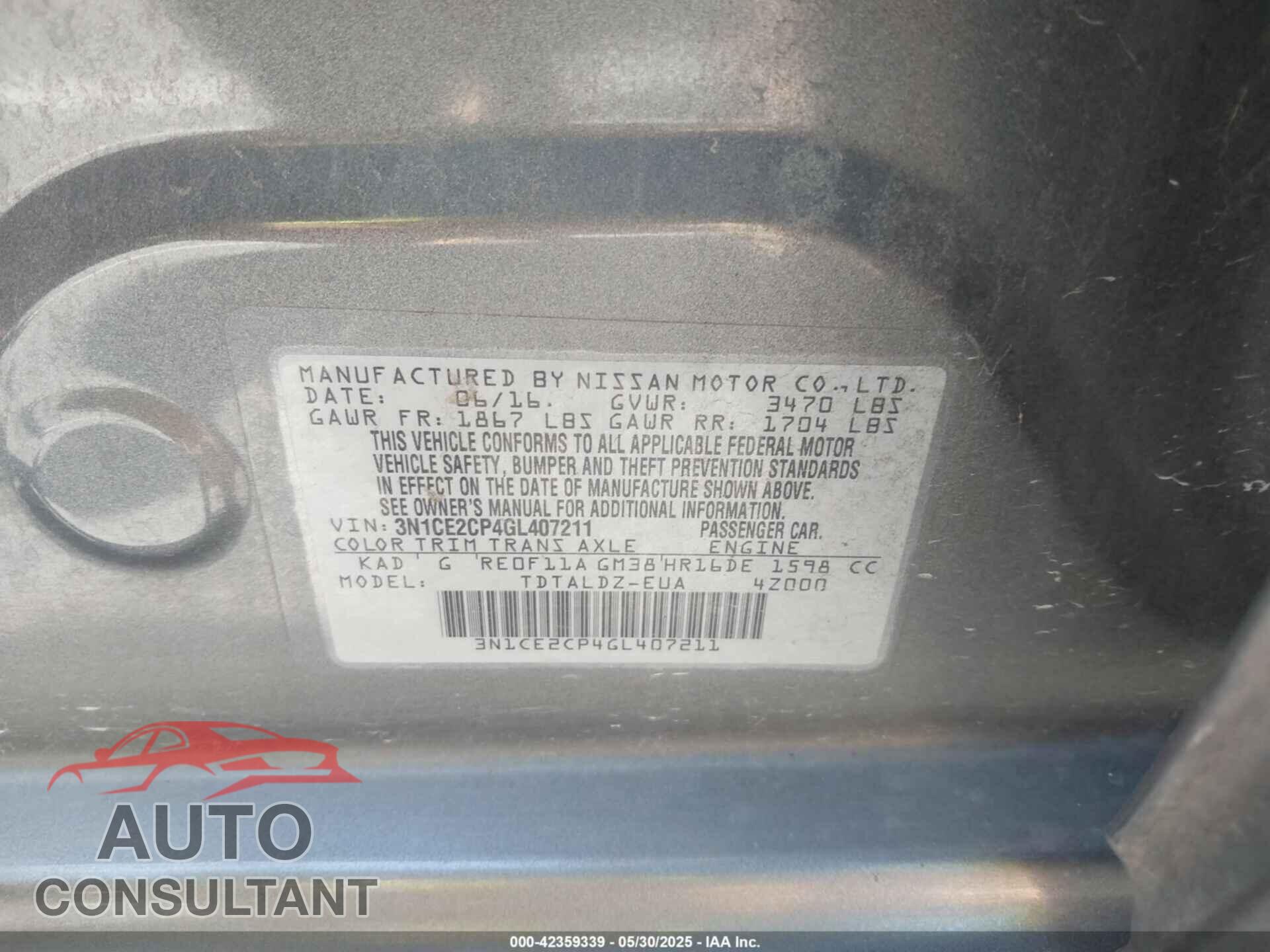 NISSAN VERSA NOTE 2016 - 3N1CE2CP4GL407211