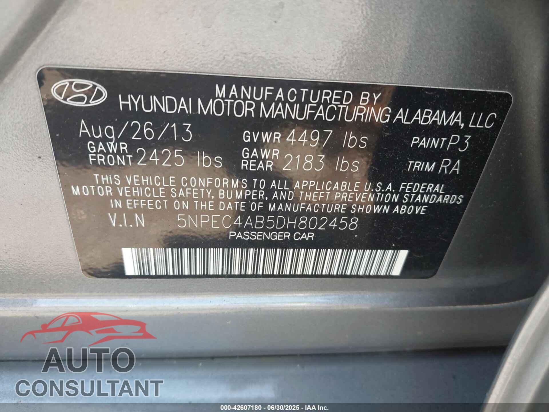 HYUNDAI SONATA 2013 - 5NPEC4AB5DH802458