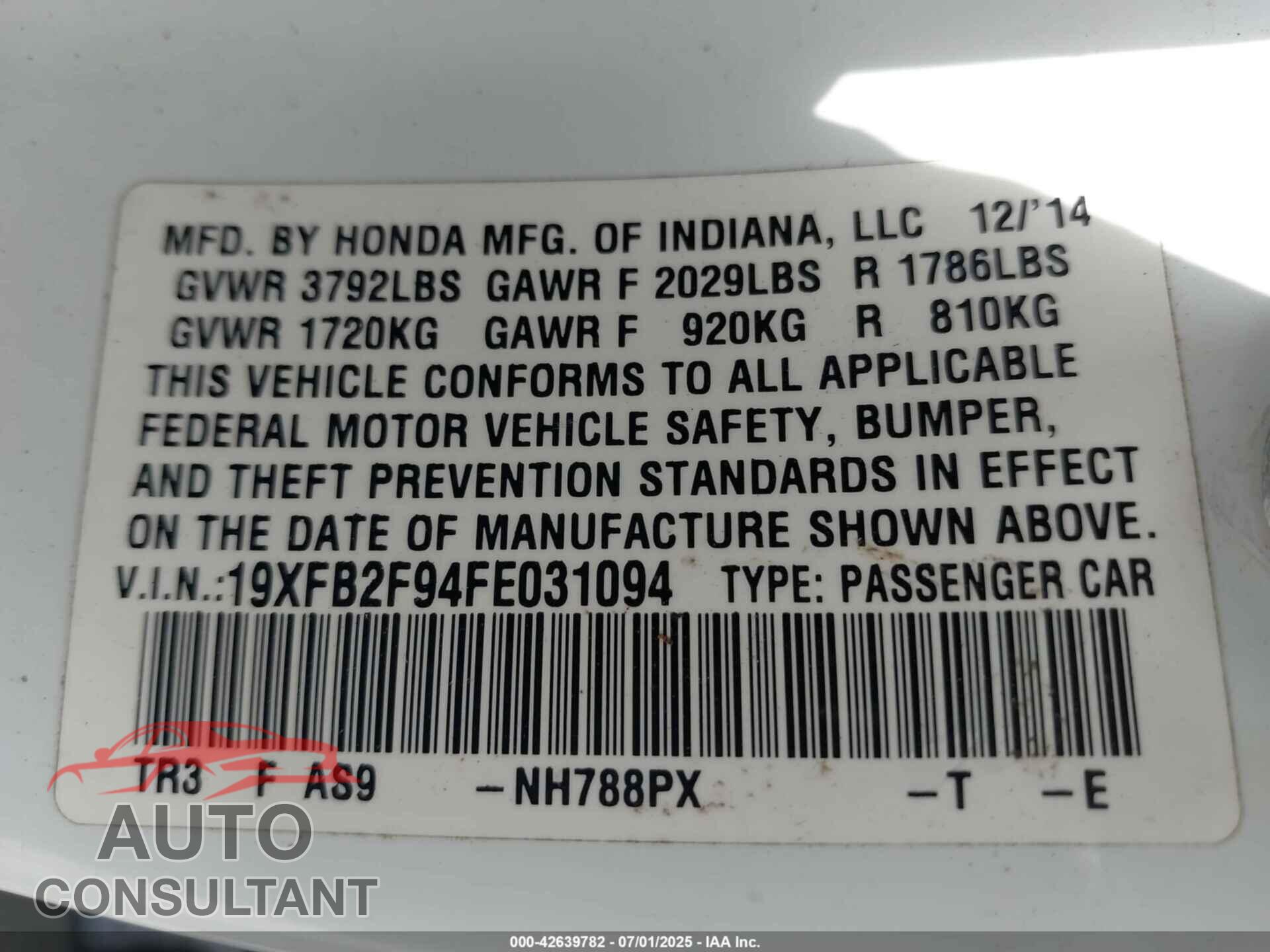 HONDA CIVIC 2015 - 19XFB2F94FE031094
