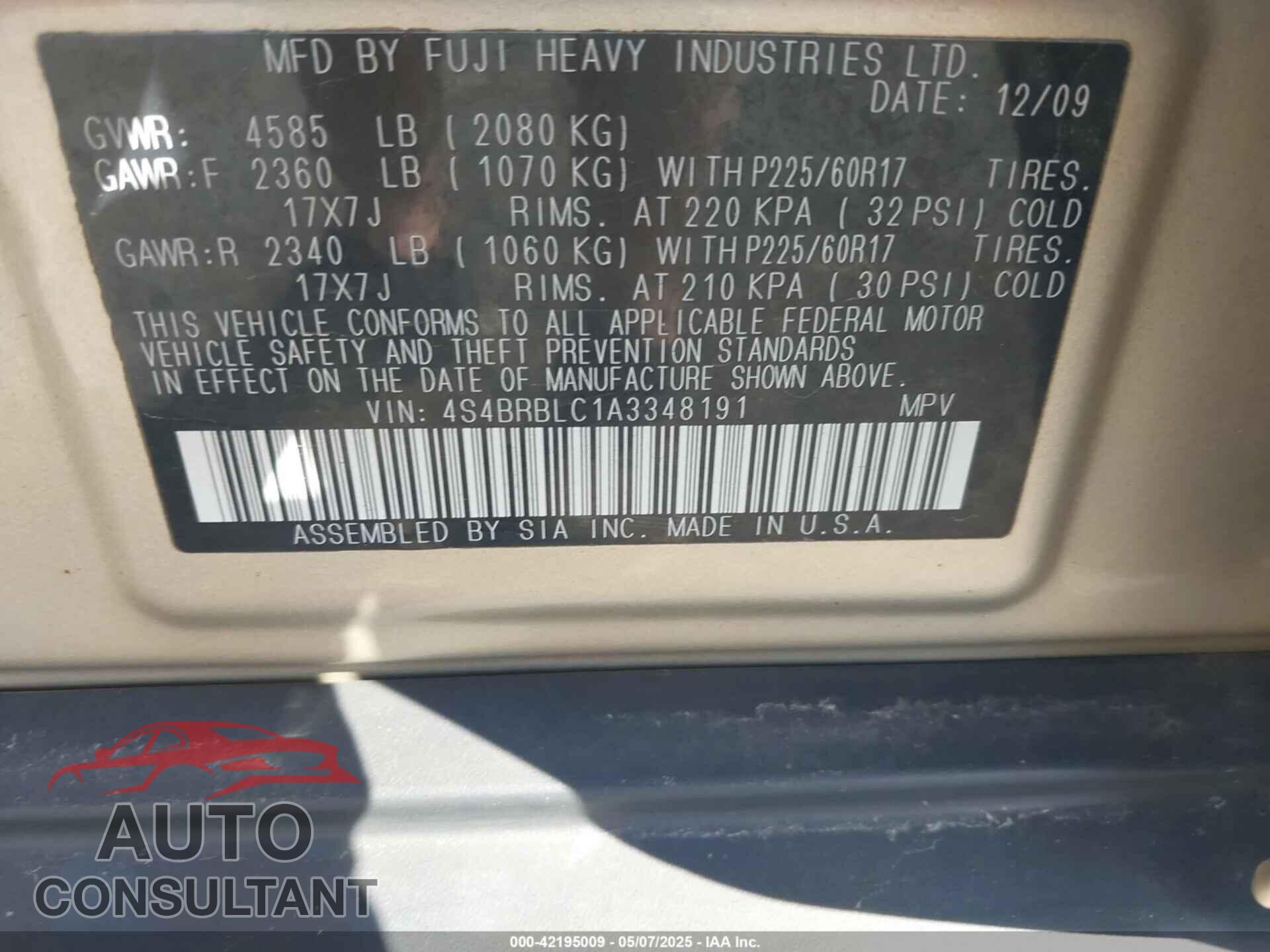 SUBARU OUTBACK 2010 - 4S4BRBLC1A3348191