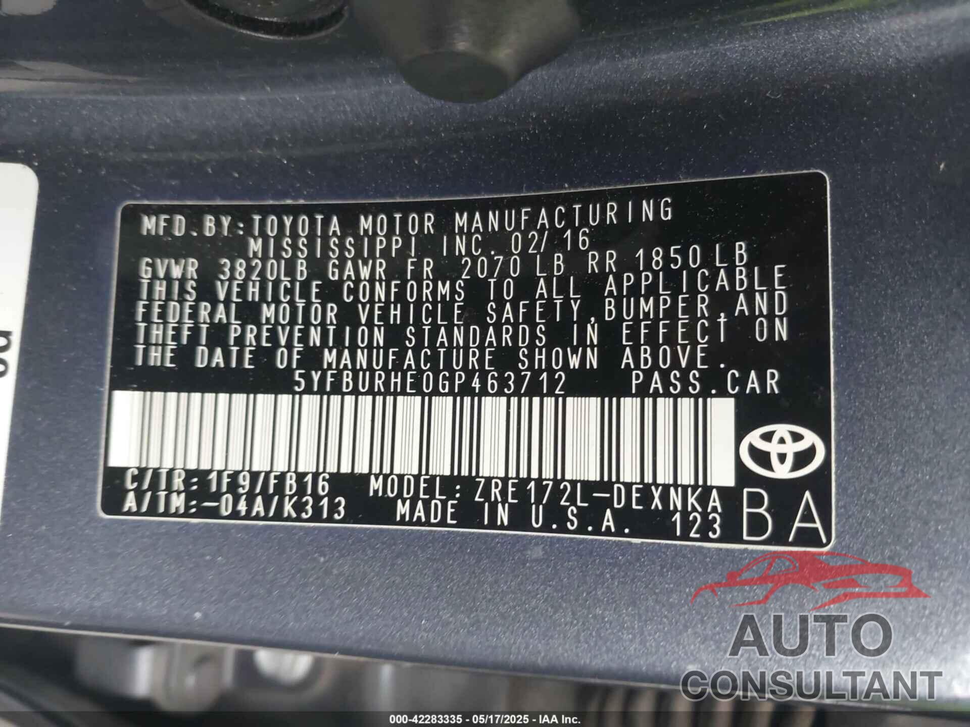 TOYOTA COROLLA 2016 - 5YFBURHE0GP463712