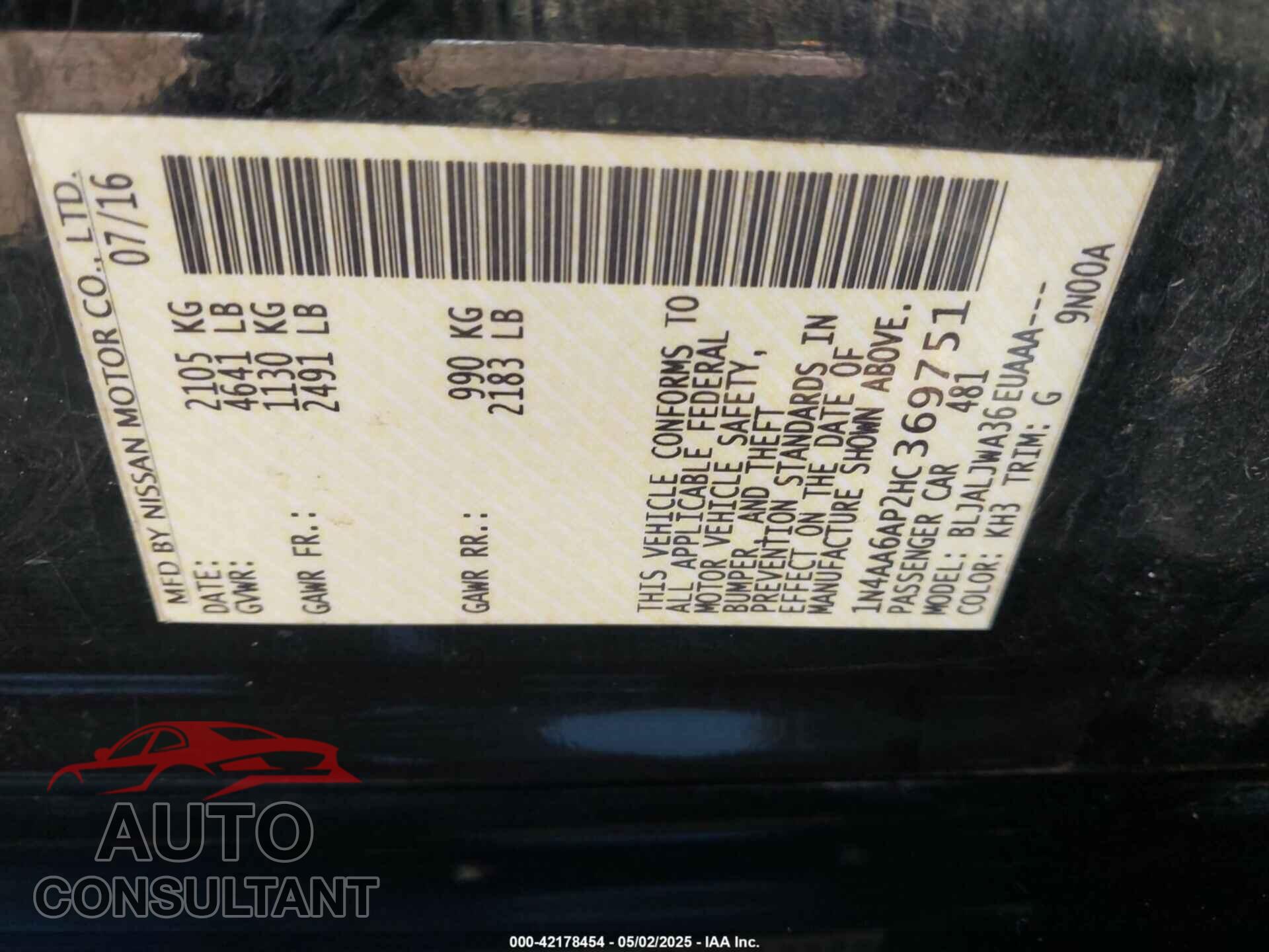 NISSAN MAXIMA 2017 - 1N4AA6AP2HC369751