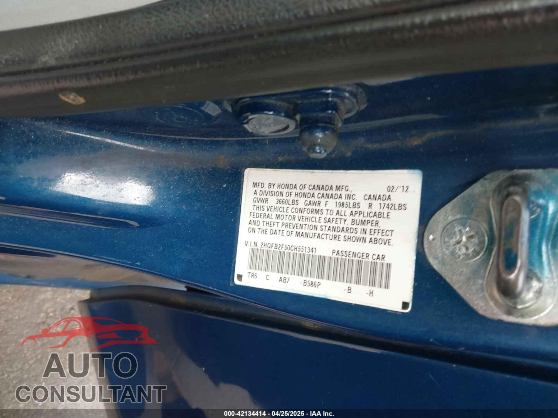 HONDA CIVIC 2012 - 2HGFB2F50CH551341