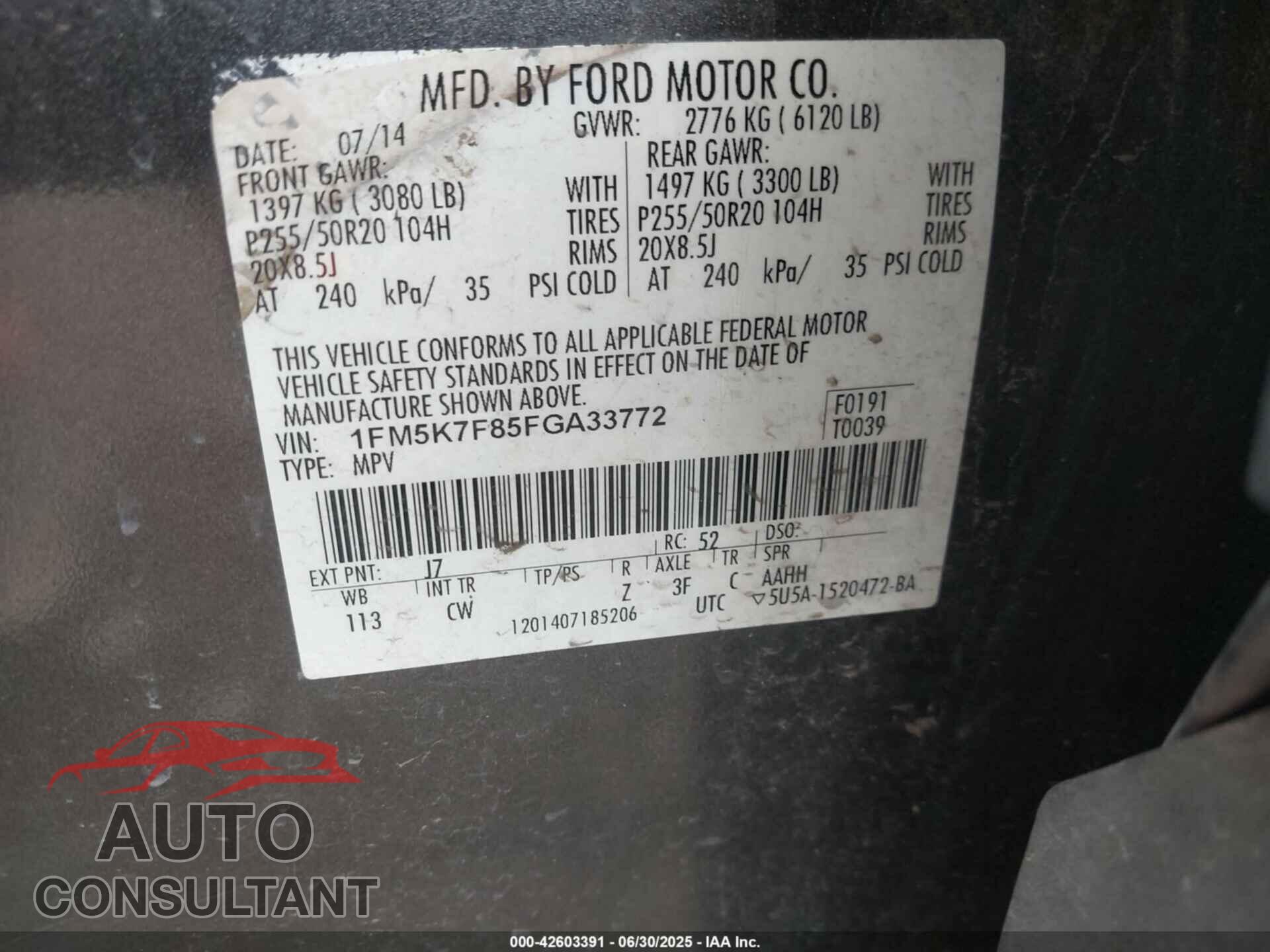 FORD EXPLORER 2015 - 1FM5K7F85FGA33772