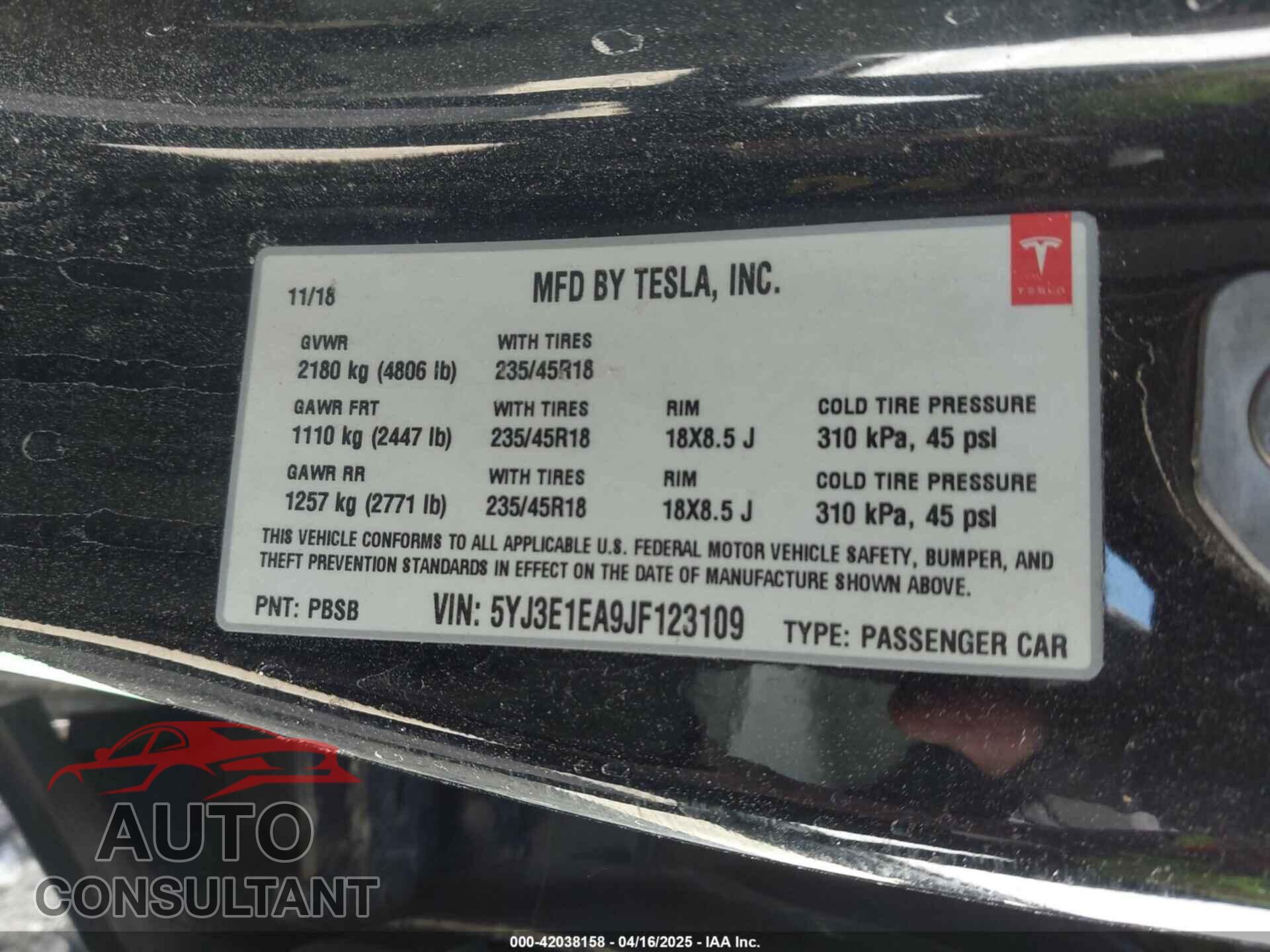 TESLA MODEL 3 2018 - 5YJ3E1EA9JF123109