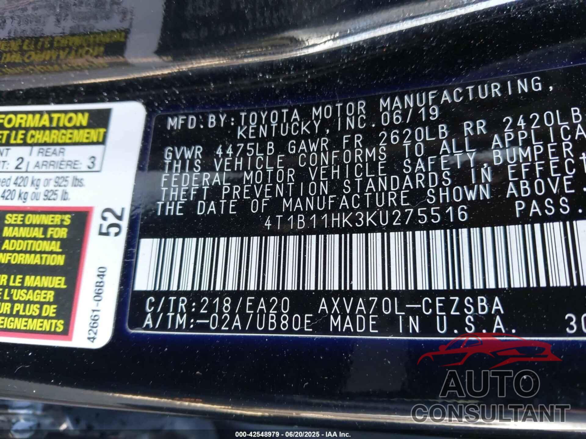 TOYOTA CAMRY 2019 - 4T1B11HK3KU275516