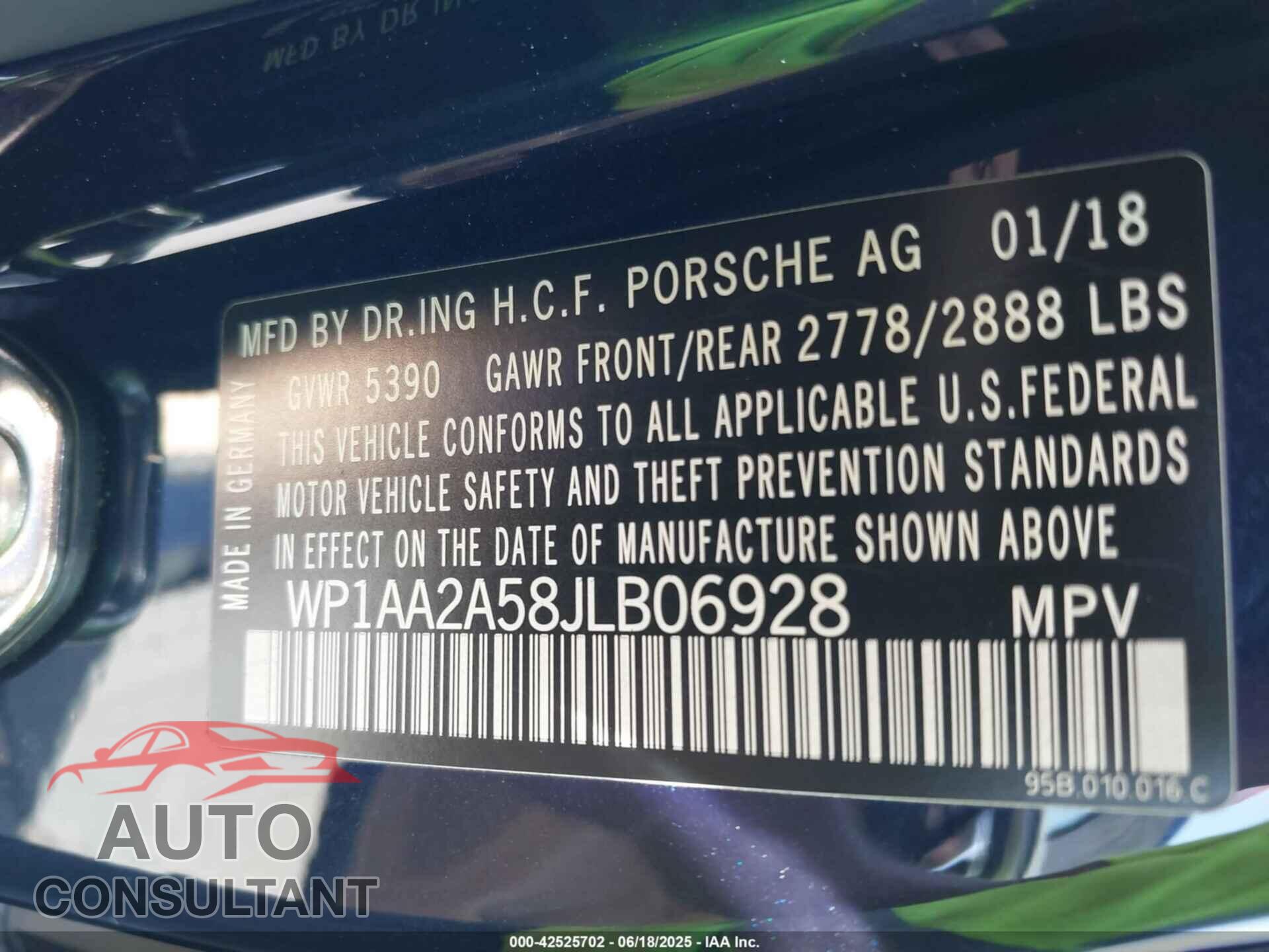 PORSCHE MACAN 2018 - WP1AA2A58JLB06928