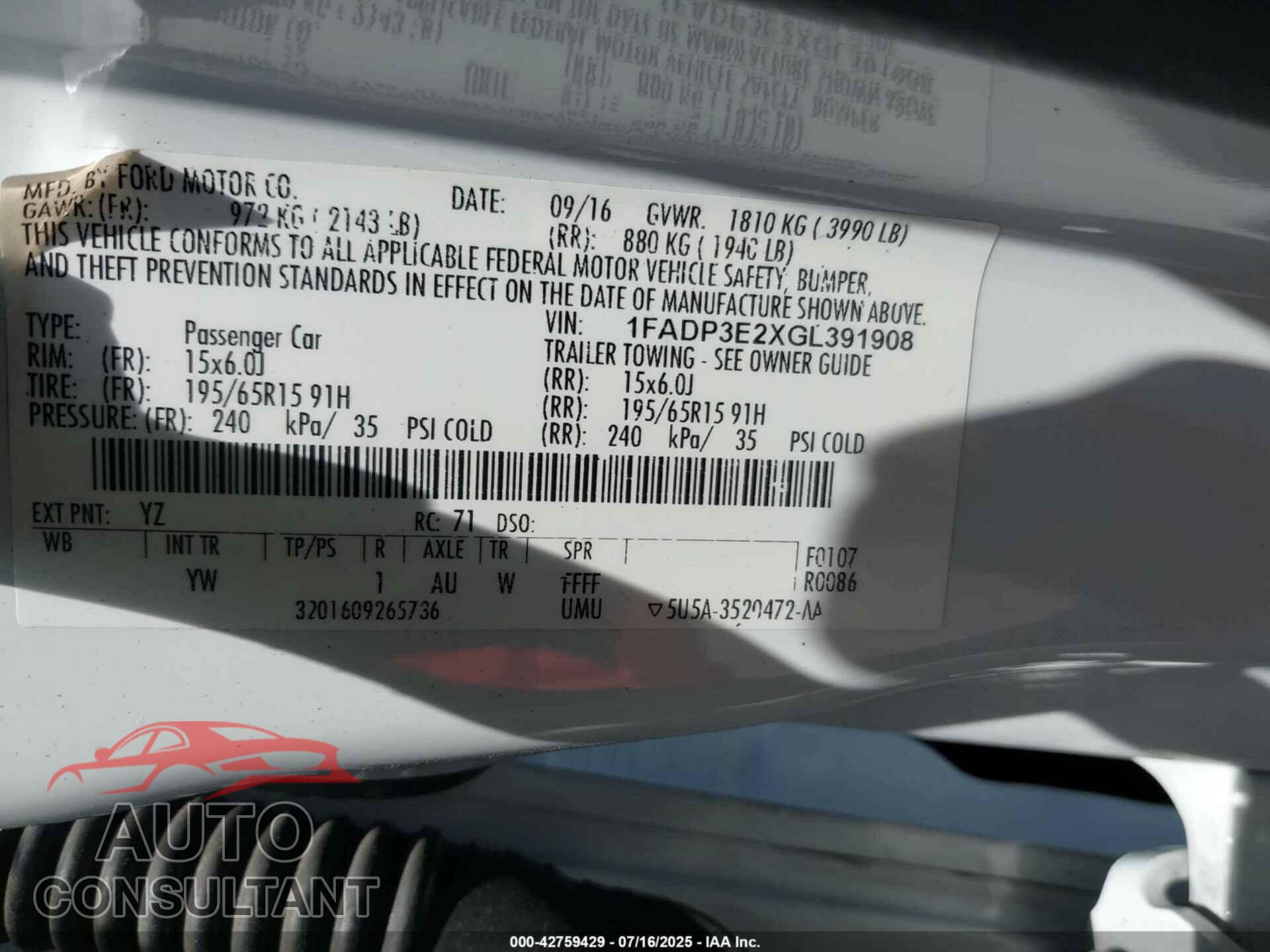 FORD FOCUS 2016 - 1FADP3E2XGL391908