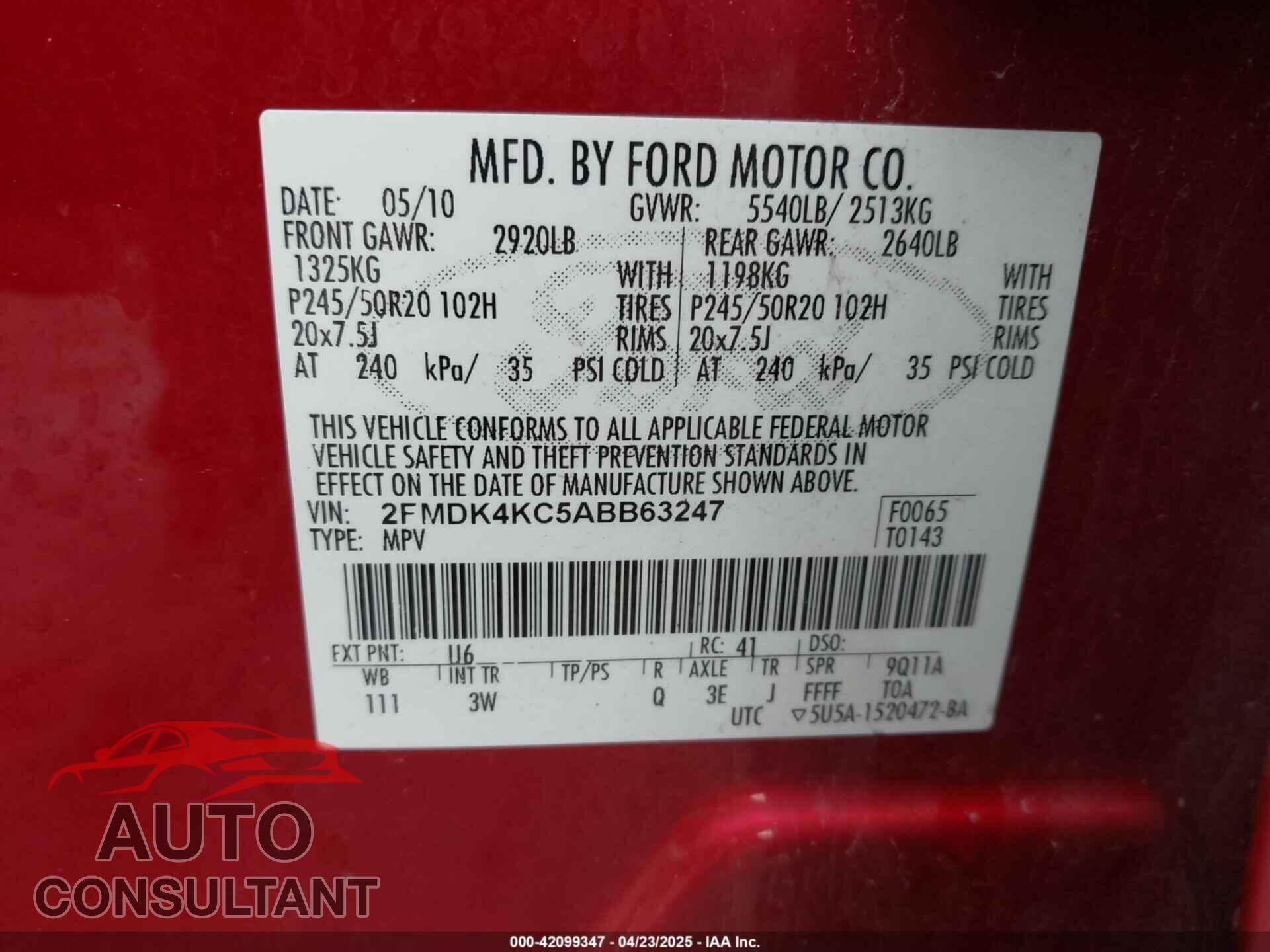 FORD EDGE 2010 - 2FMDK4KC5ABB63247