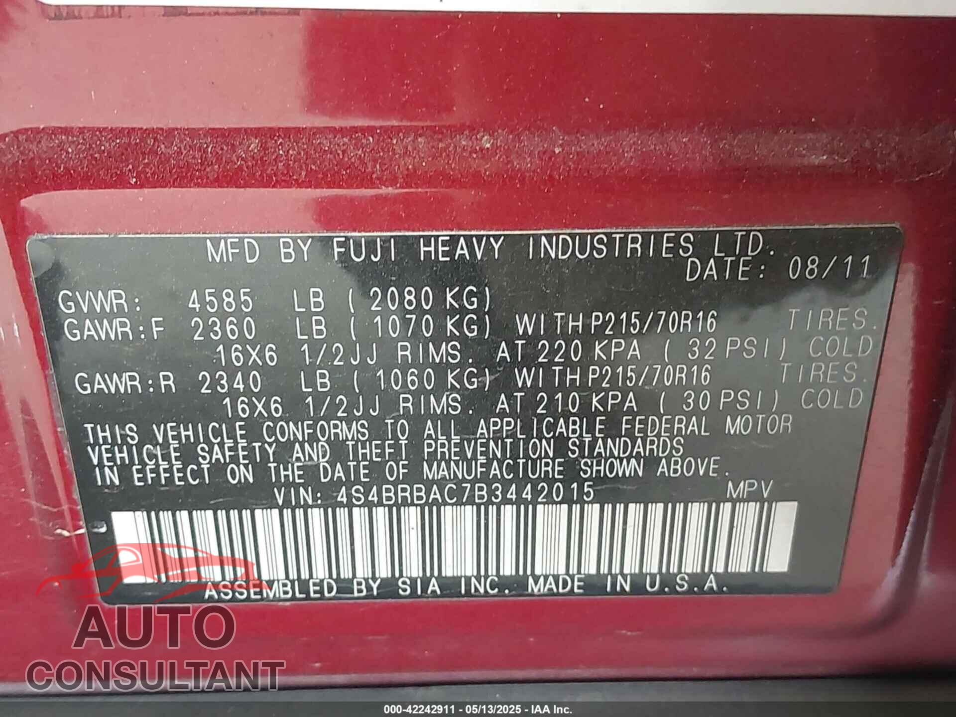 SUBARU OUTBACK 2011 - 4S4BRBAC7B3442015