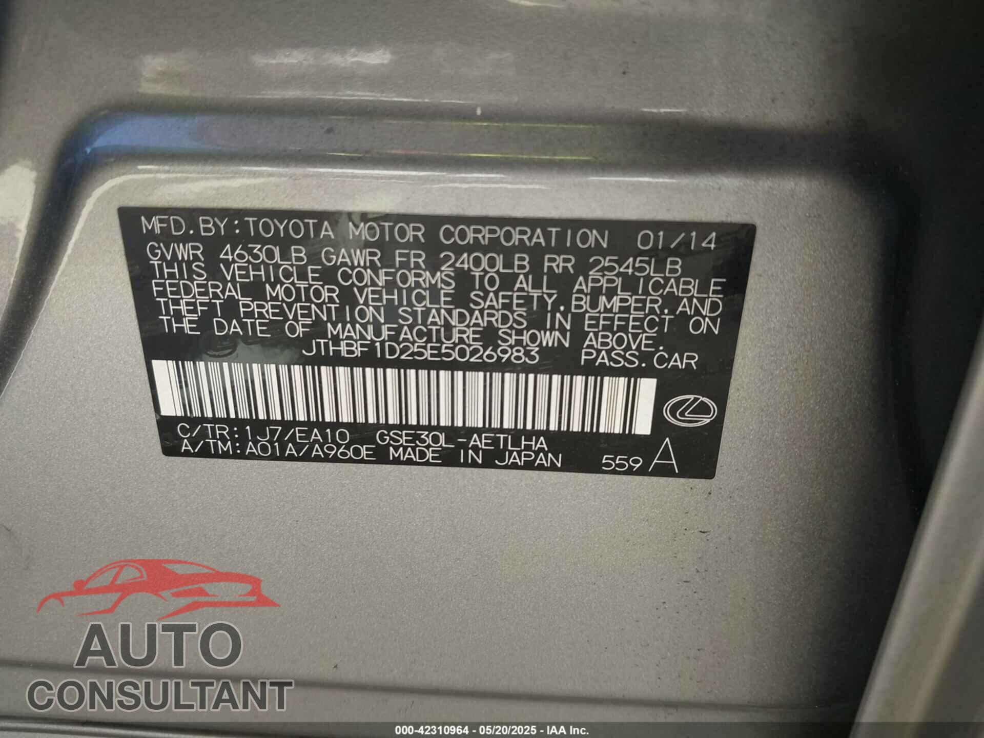 LEXUS IS 2014 - JTHBF1D25E5026983