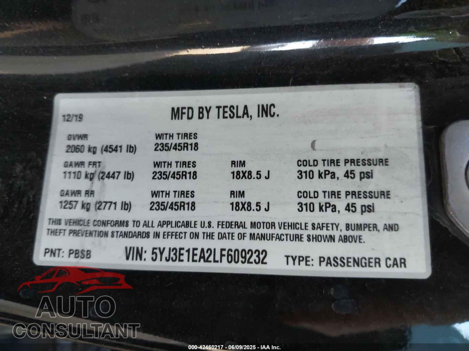 TESLA MODEL 3 2020 - 5YJ3E1EA2LF609232