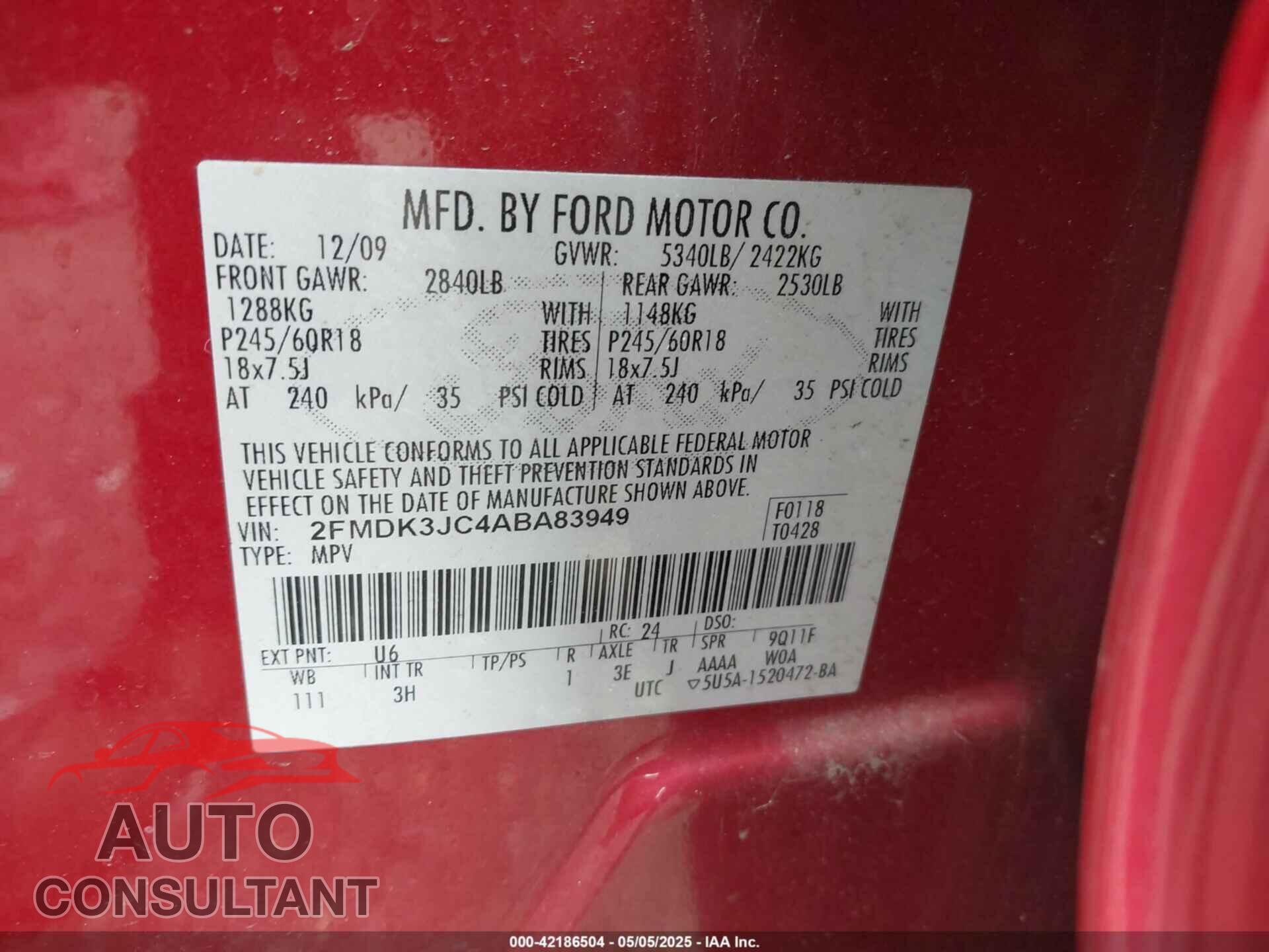 FORD EDGE 2010 - 2FMDK3JC4ABA83949