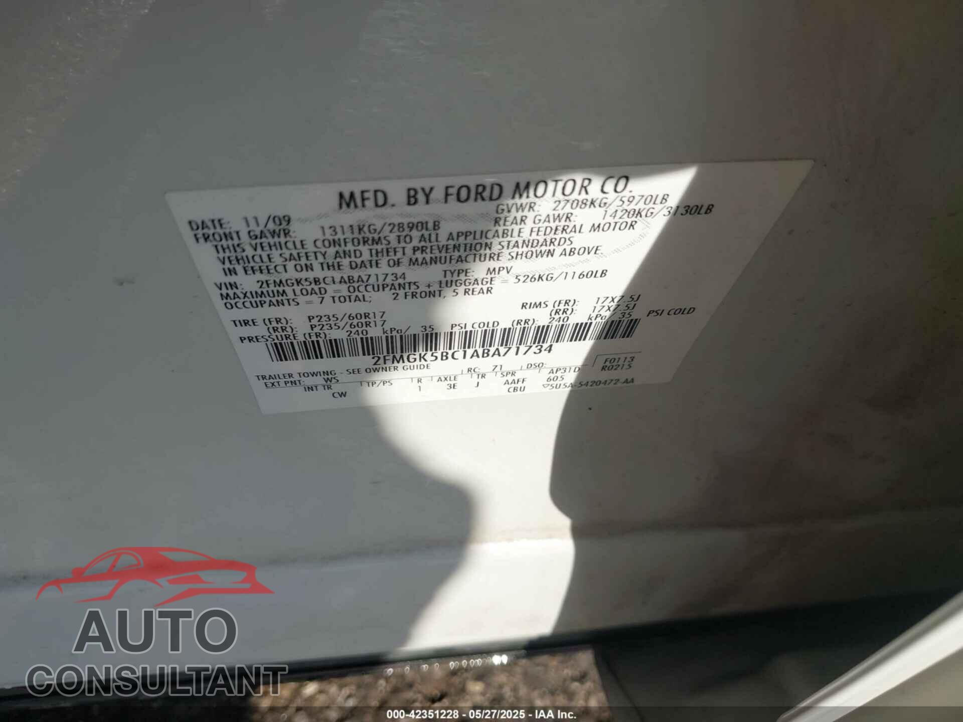 FORD FLEX 2010 - 2FMGK5BC1ABA71734