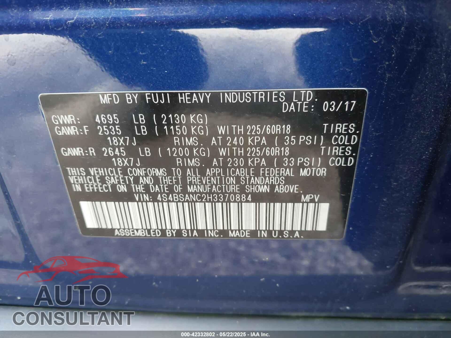 SUBARU OUTBACK 2017 - 4S4BSANC2H3370884