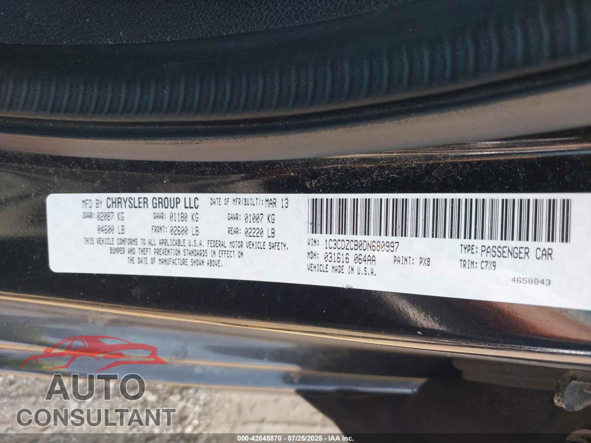 DODGE AVENGER 2013 - 1C3CDZCB0DN680997