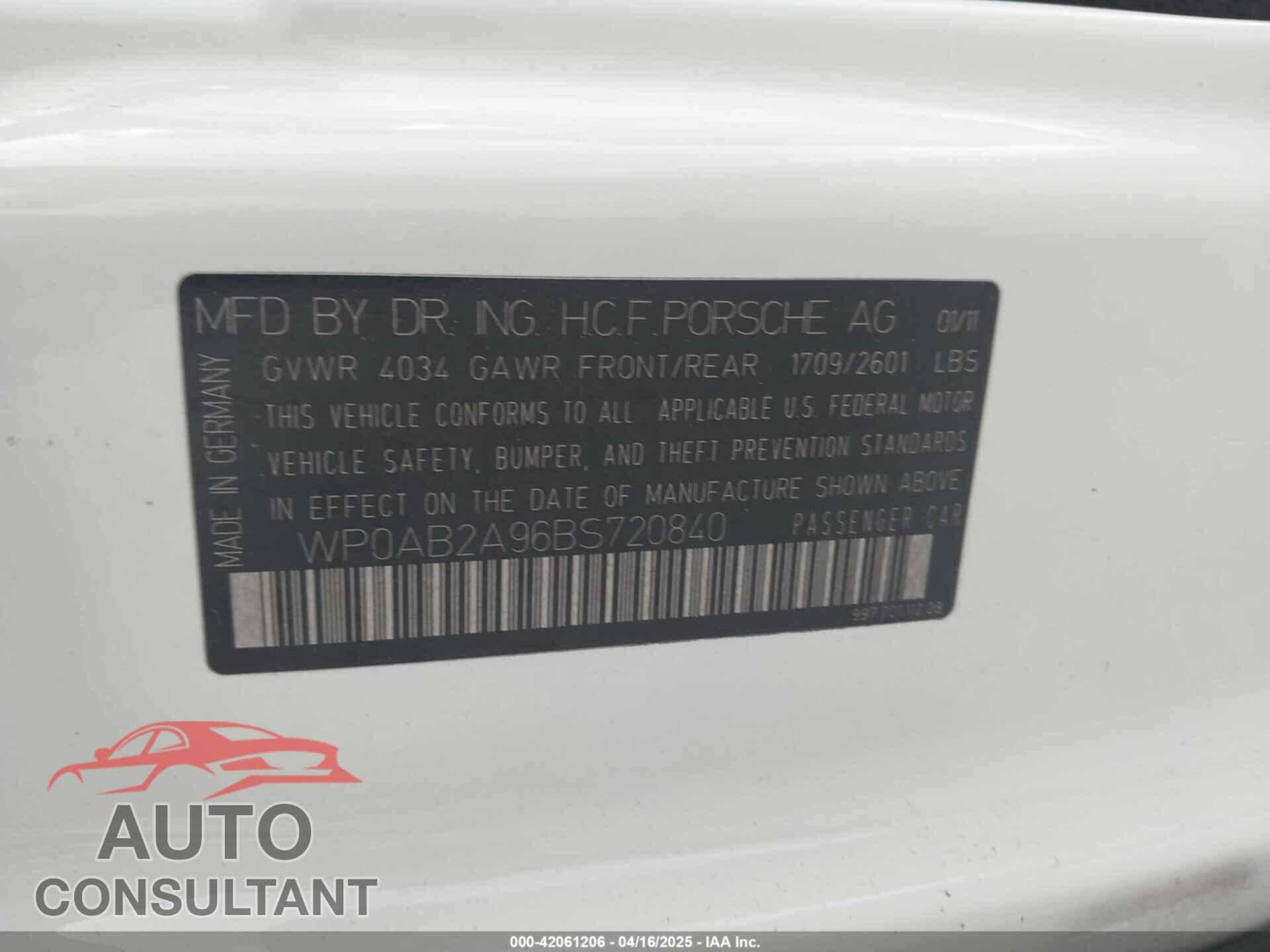 PORSCHE 911 2011 - WP0AB2A96BS720840