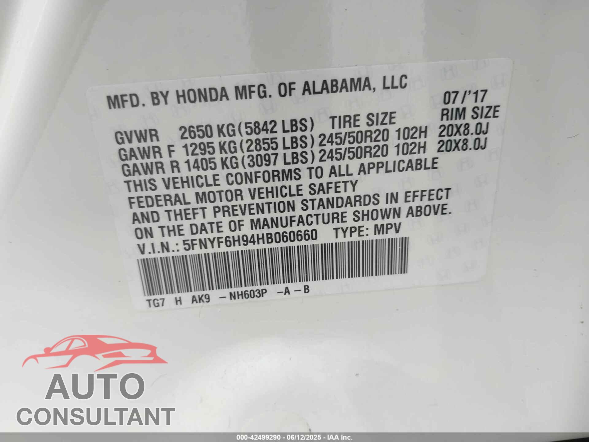 HONDA PILOT 2017 - 5FNYF6H94HB060660