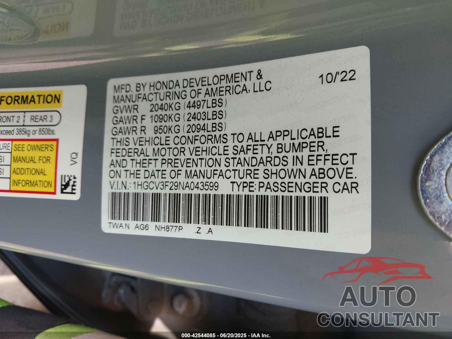 HONDA ACCORD 2022 - 1HGCV3F29NA043599