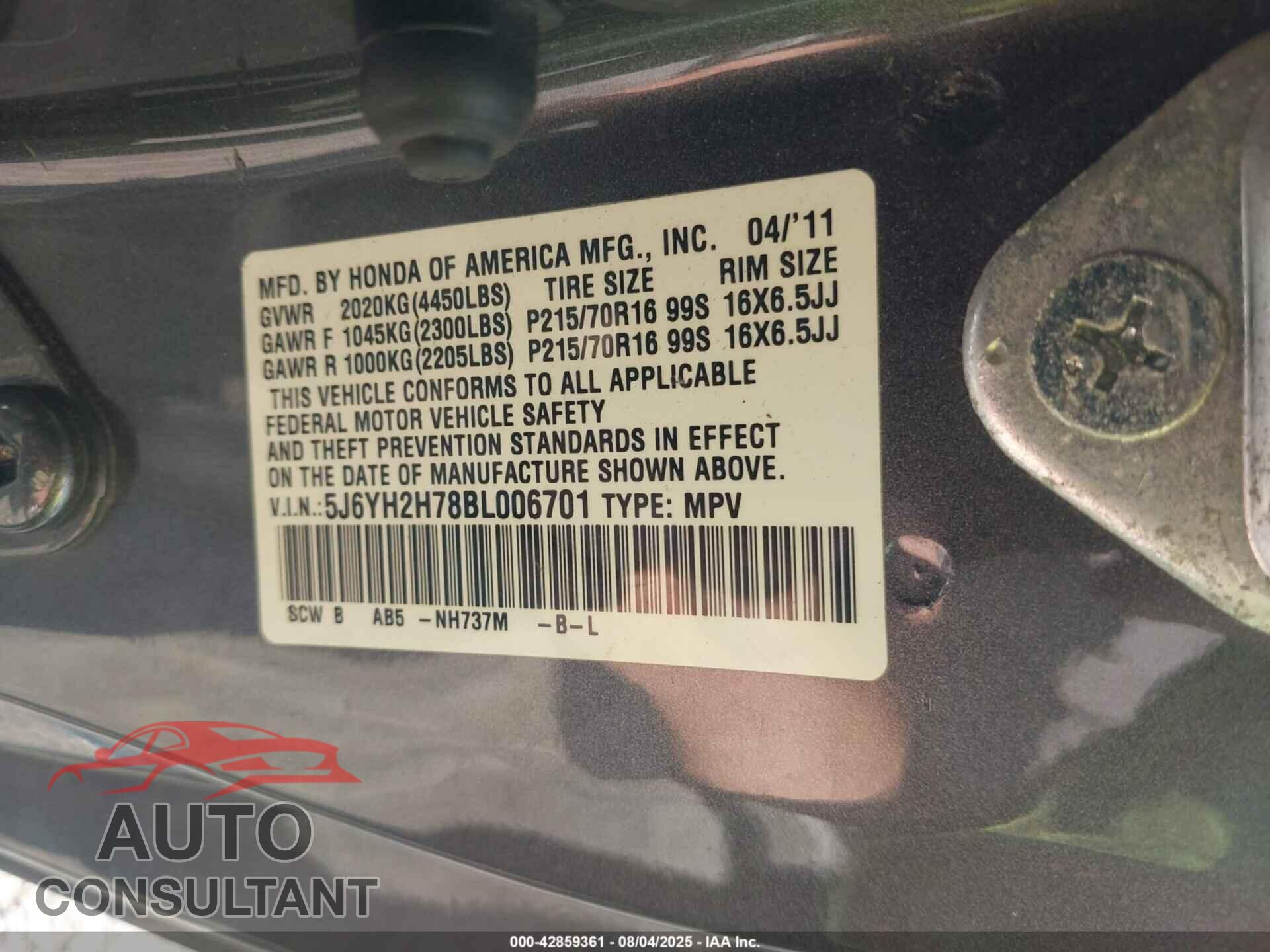 HONDA ELEMENT 2011 - 5J6YH2H78BL006701