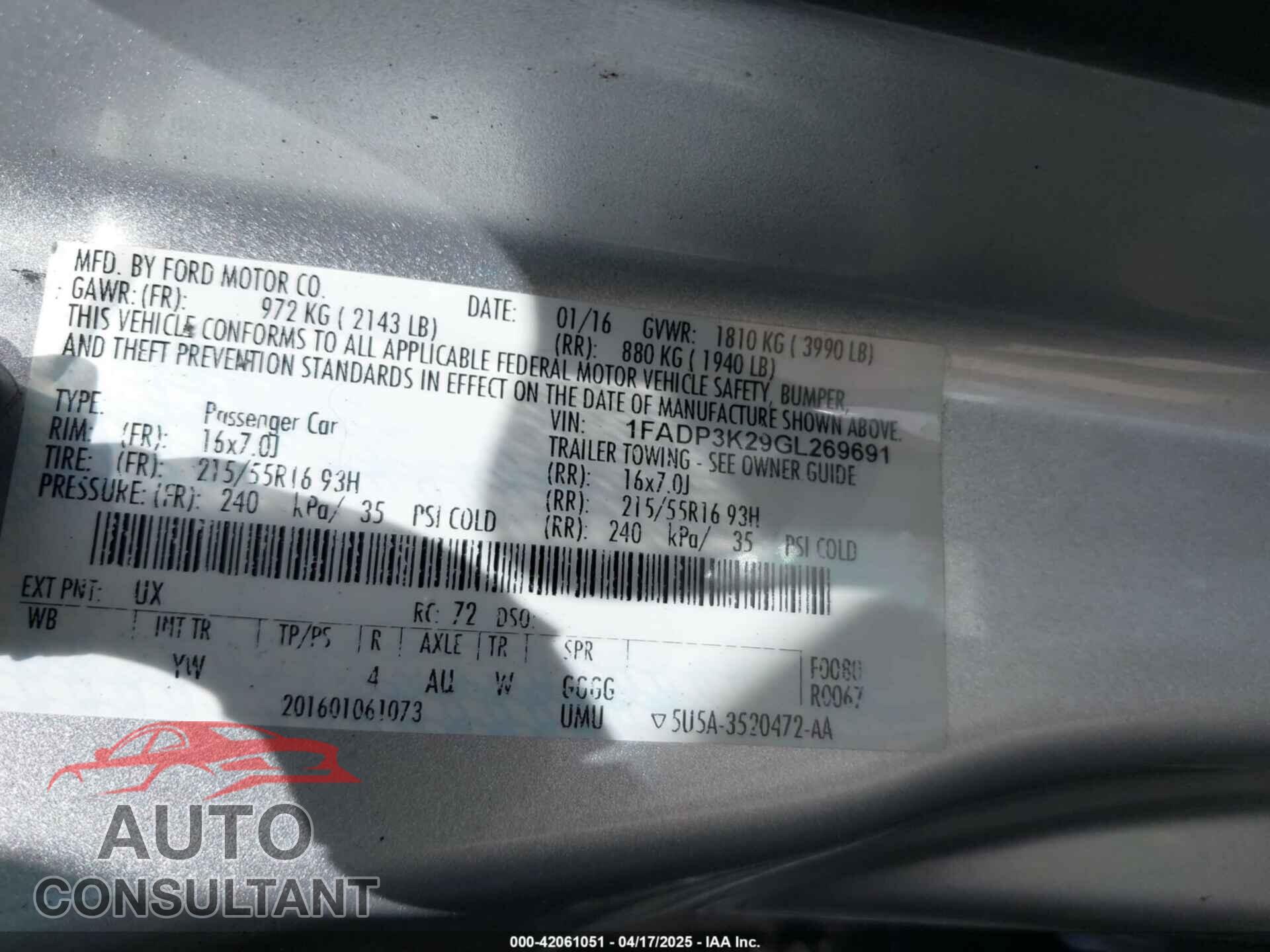 FORD FOCUS 2016 - 1FADP3K29GL269691