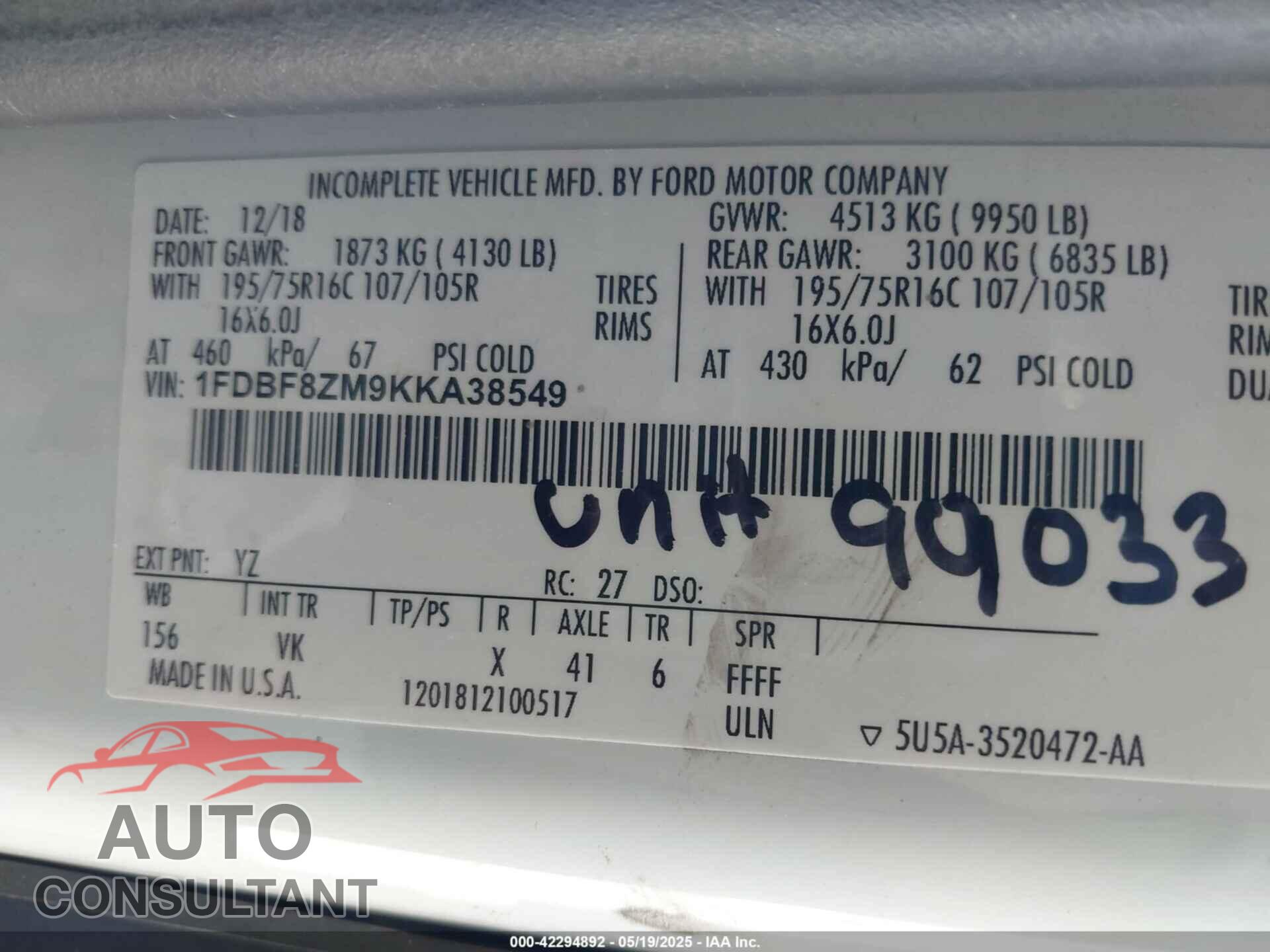 FORD TRANSIT-350 CAB 2019 - 1FDBF8ZM9KKA38549
