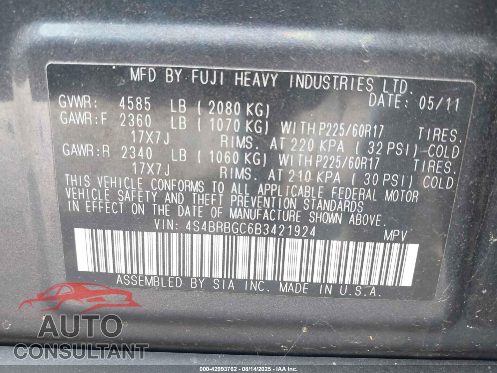SUBARU OUTBACK 2011 - 4S4BRBGC6B3421924