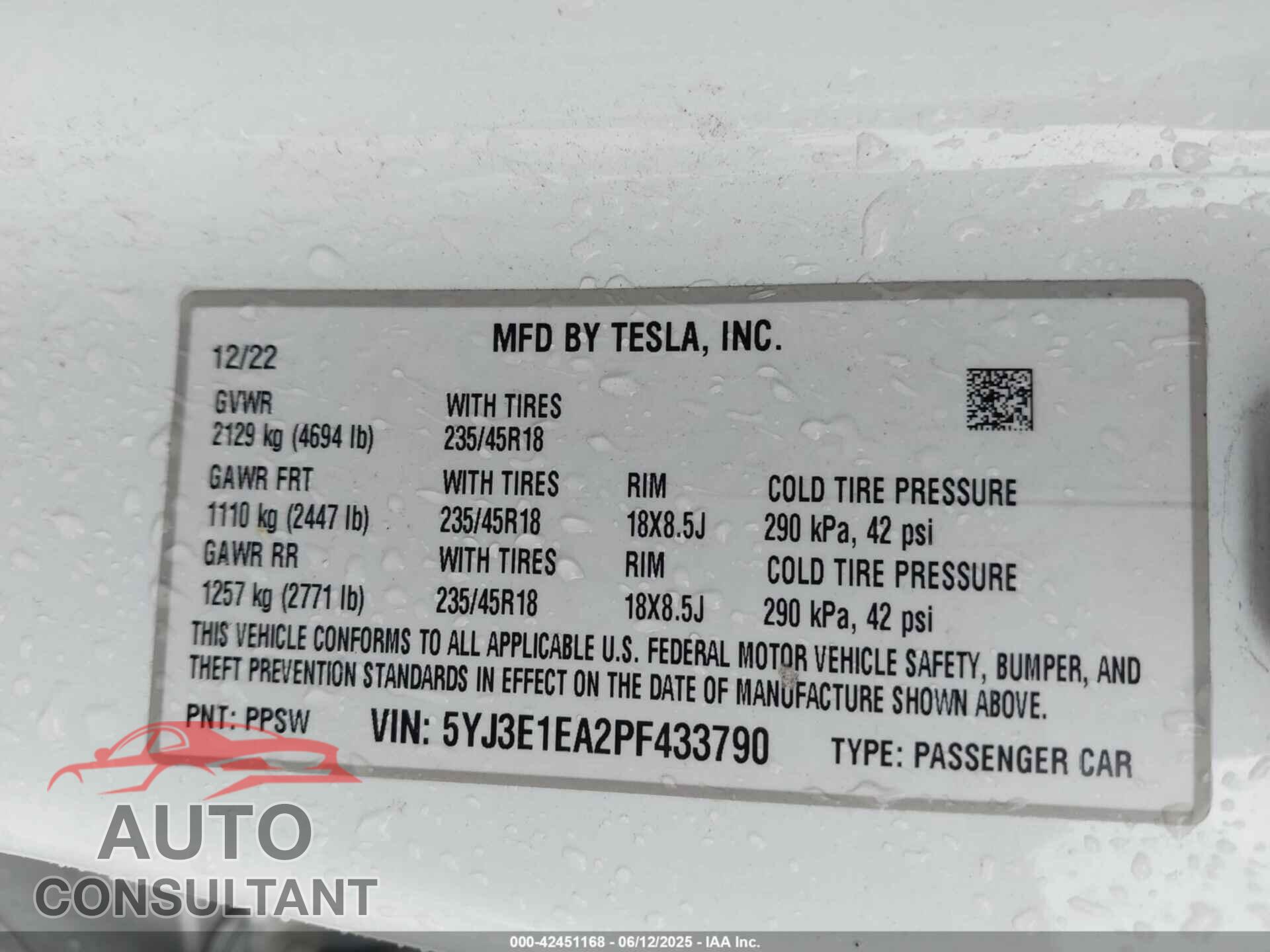 TESLA MODEL 3 2023 - 5YJ3E1EA2PF433790