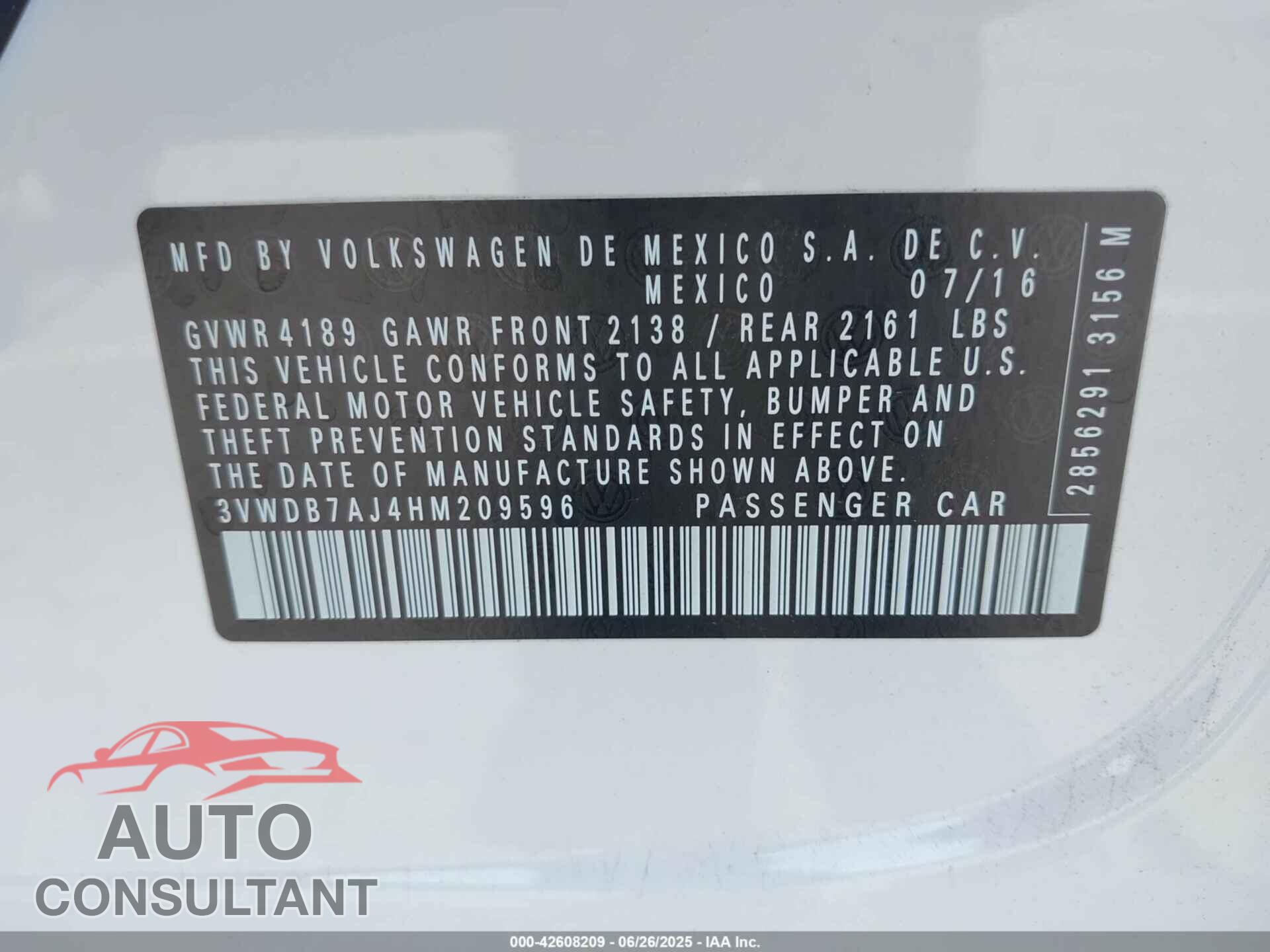 VOLKSWAGEN JETTA 2017 - 3VWDB7AJ4HM209596